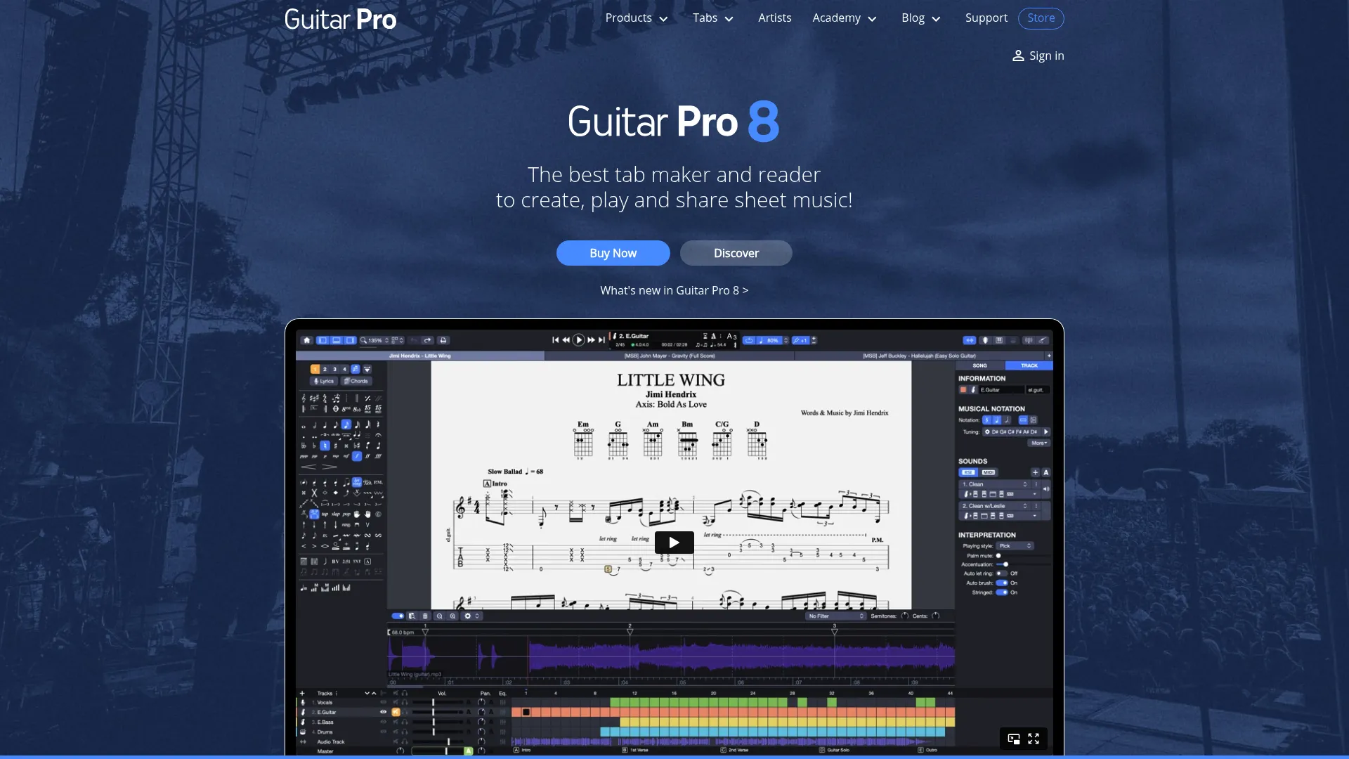 Guitar Pro homepage showing the tablature and notation editor