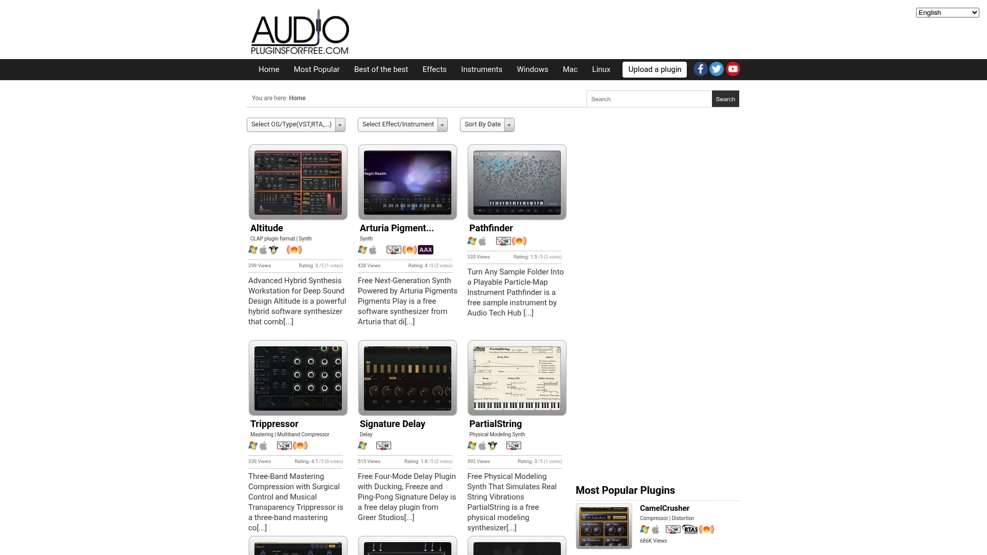 Audio Plugins for Free database showing free plugin listings