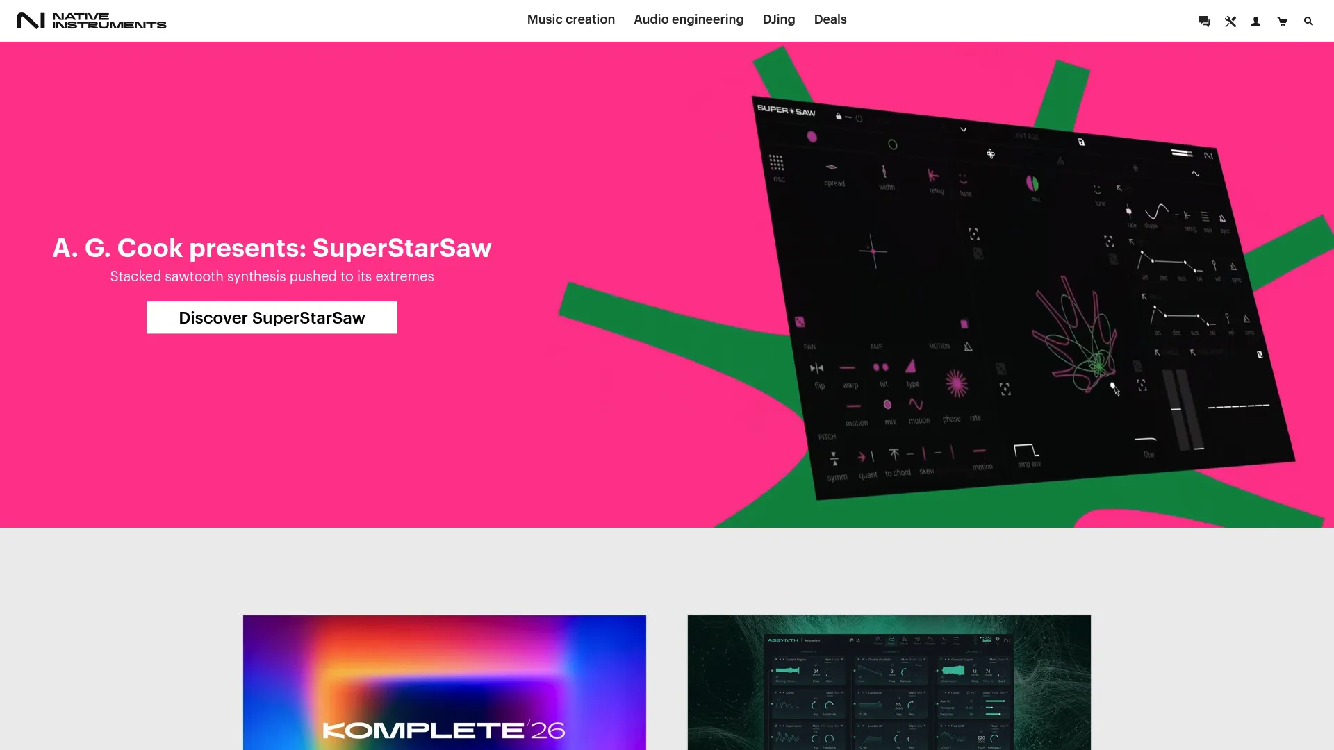 Native Instruments homepage showing instruments and hardware