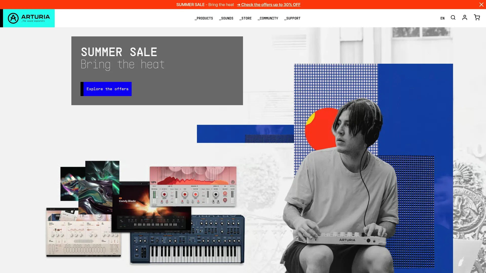 Arturia homepage showing synths and software instruments