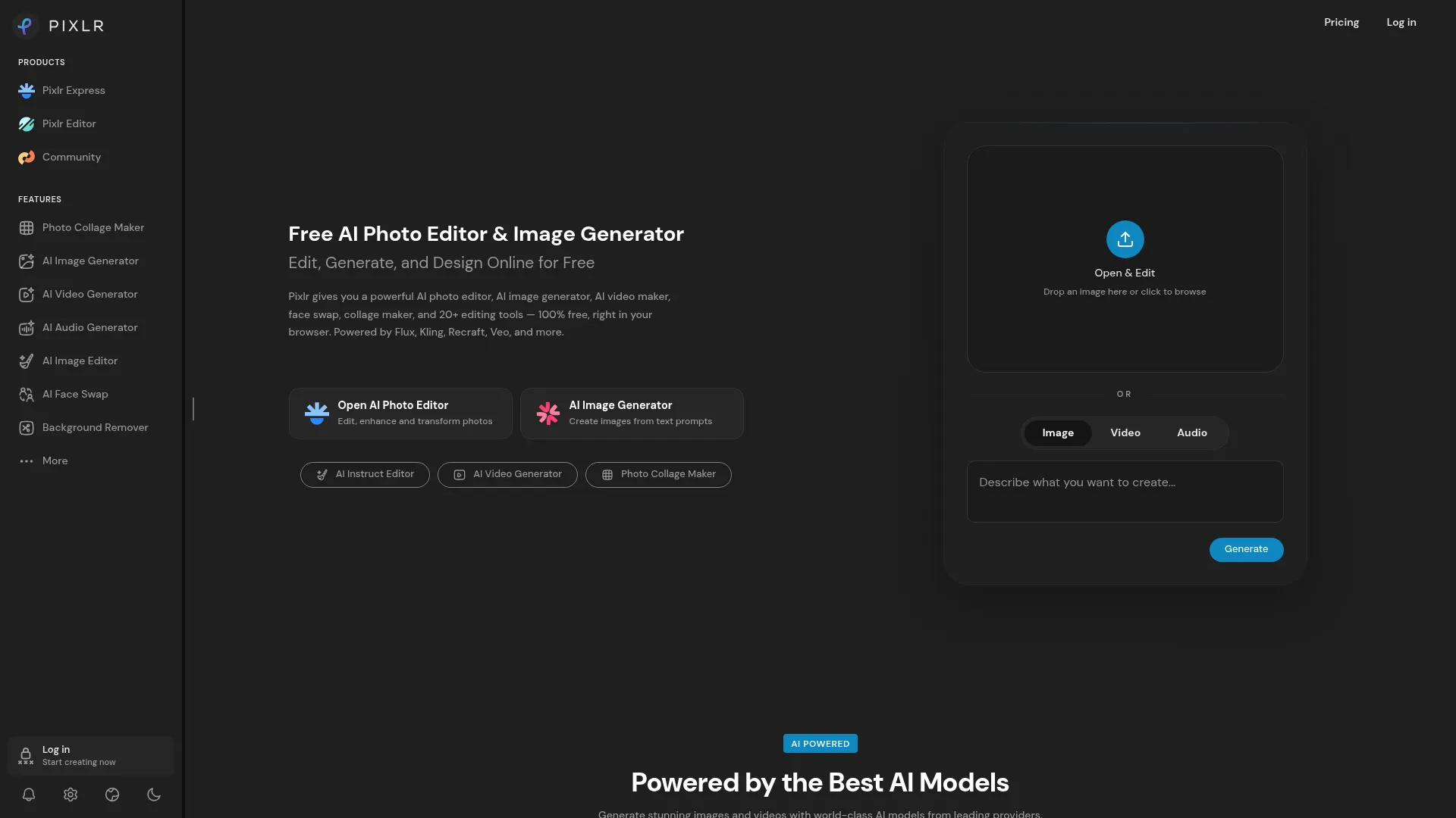 Pixlr homepage showing its online AI photo editor