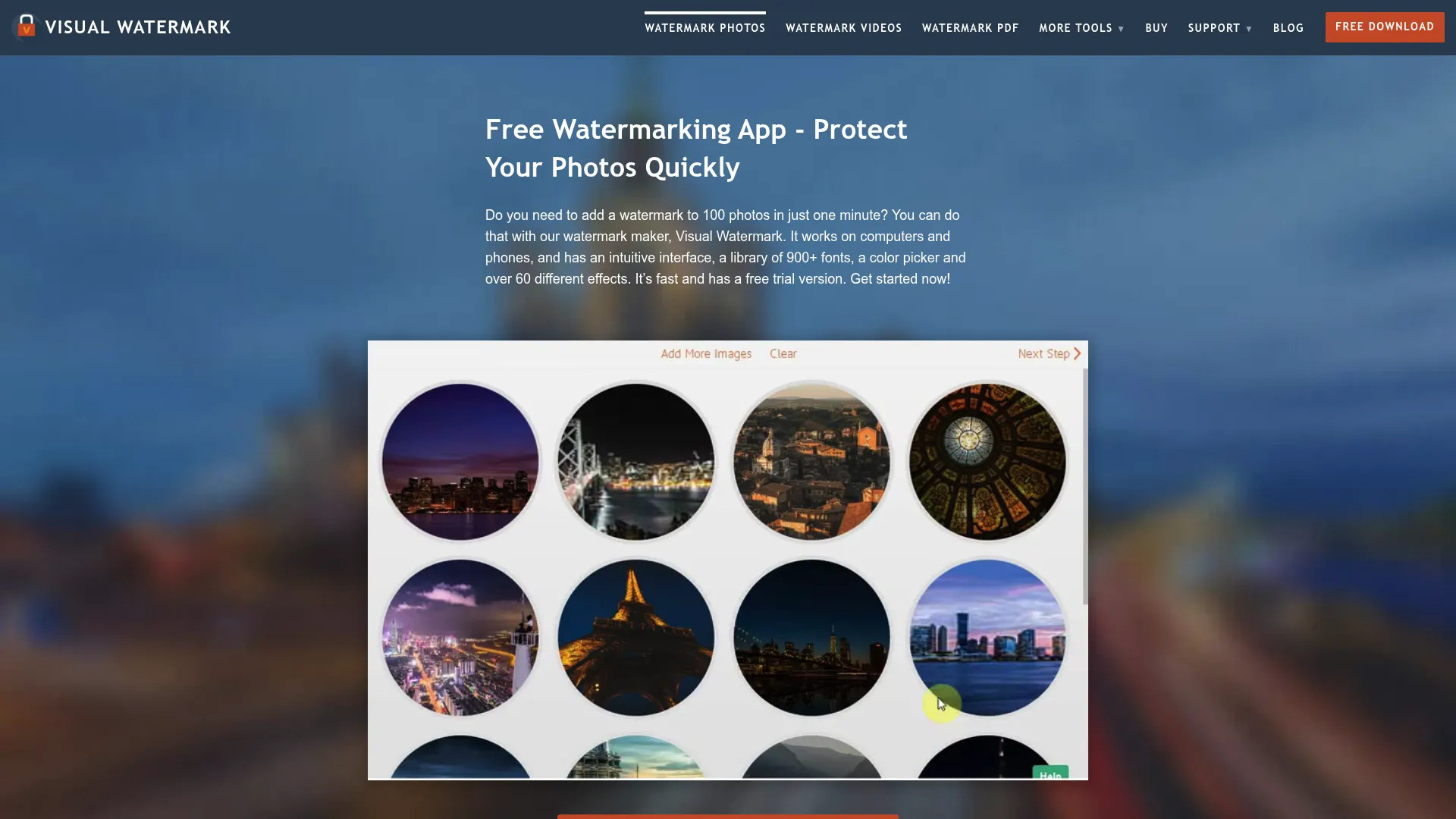 Visual Watermark homepage showing batch watermarking for photos and videos