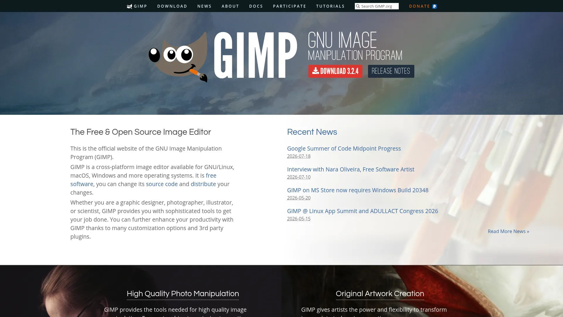 GIMP open-source image editor homepage