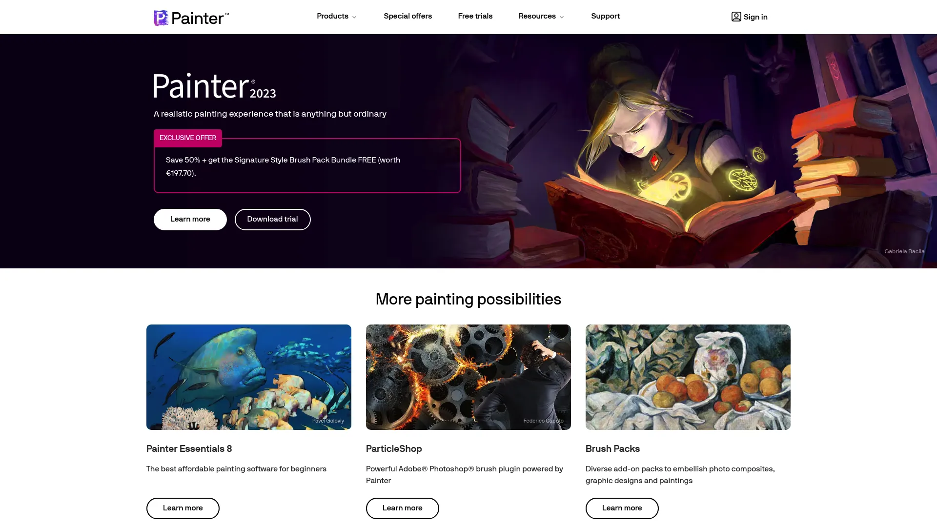 Corel Painter product page showing digital painting and illustration software