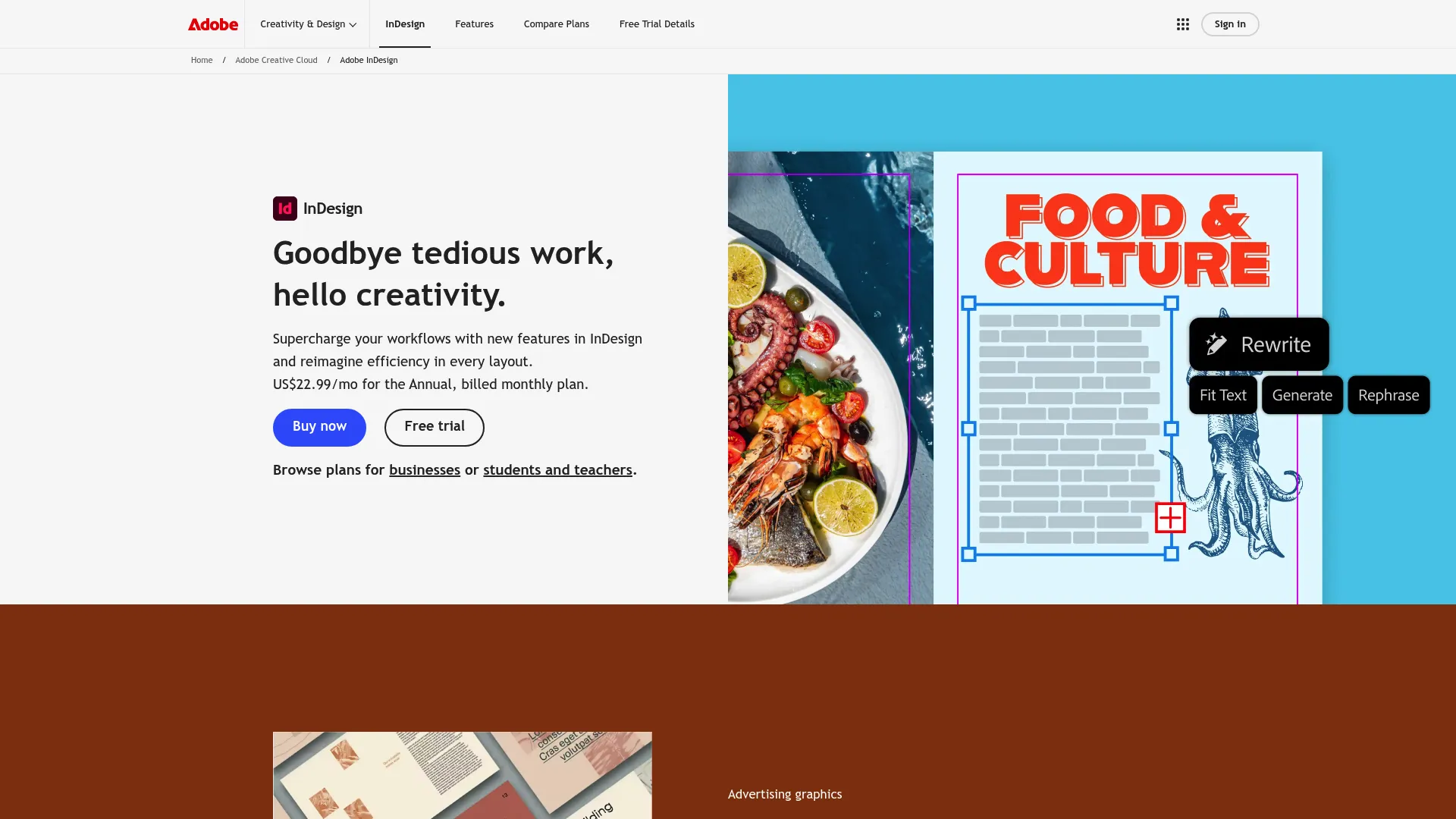 Adobe InDesign product page showing page layout and publishing software