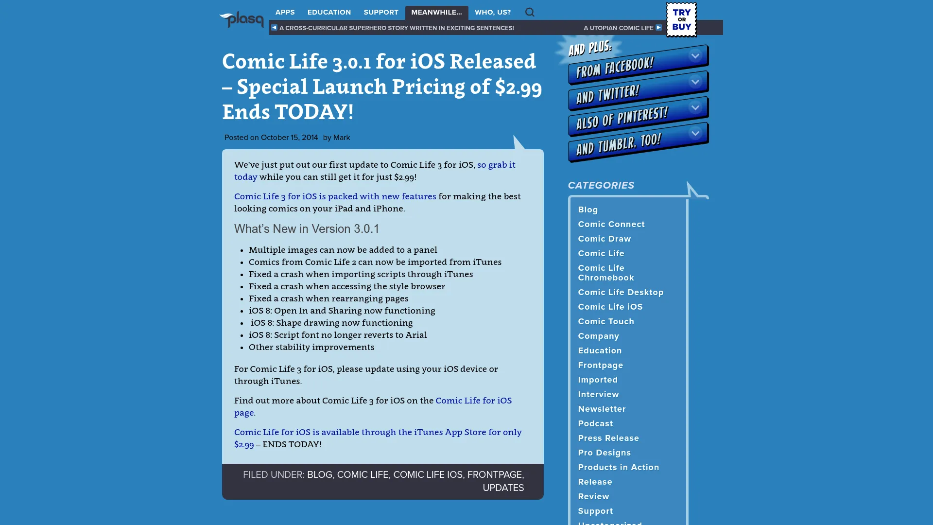 Comic Life 3 product page showing photo-based comic creation