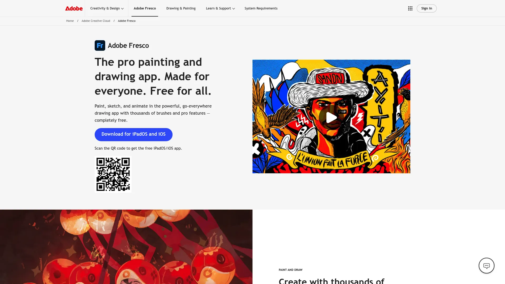Adobe Fresco drawing and painting app homepage