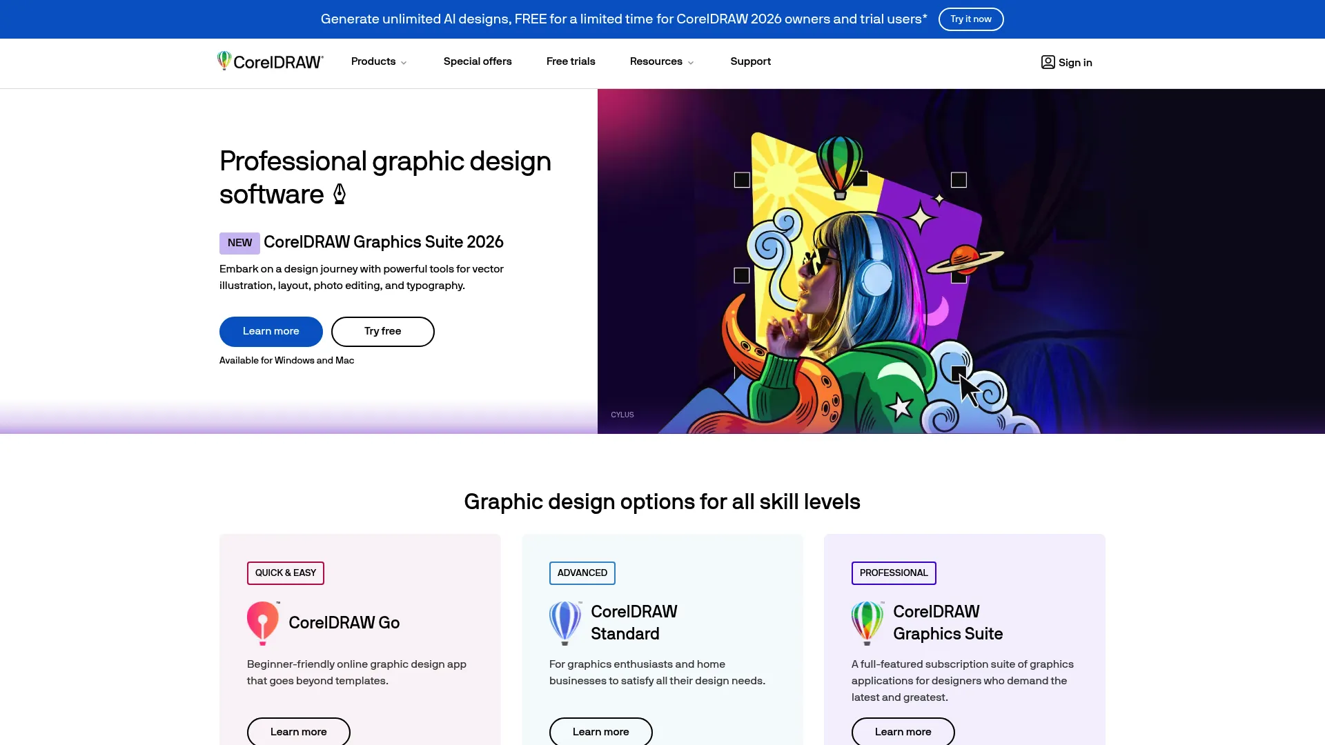 CorelDRAW graphic design suite homepage