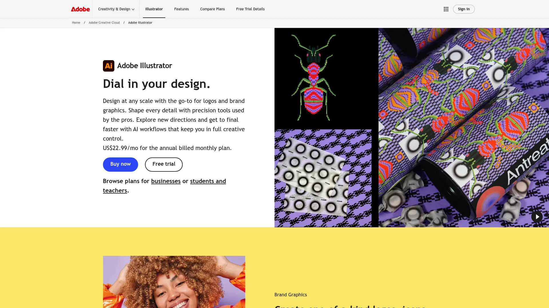 Adobe Illustrator product homepage showing vector design workspace