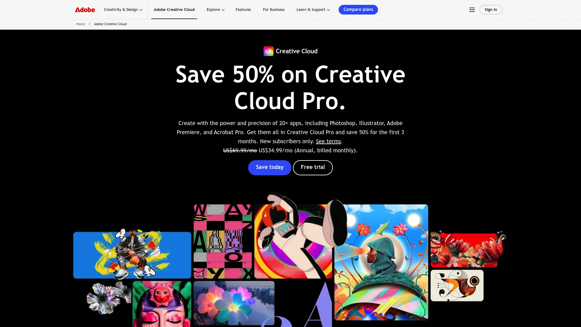 Adobe Creative Cloud homepage with creative app lineup