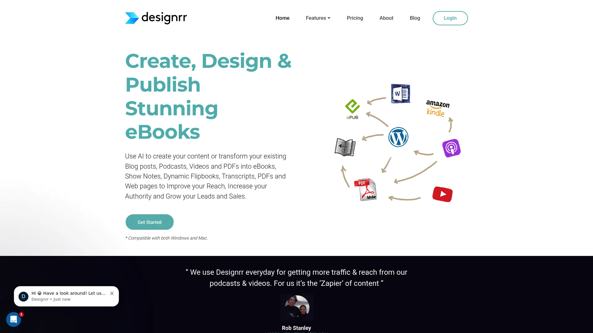 Designrr homepage showing content-to-ebook conversion workflow
