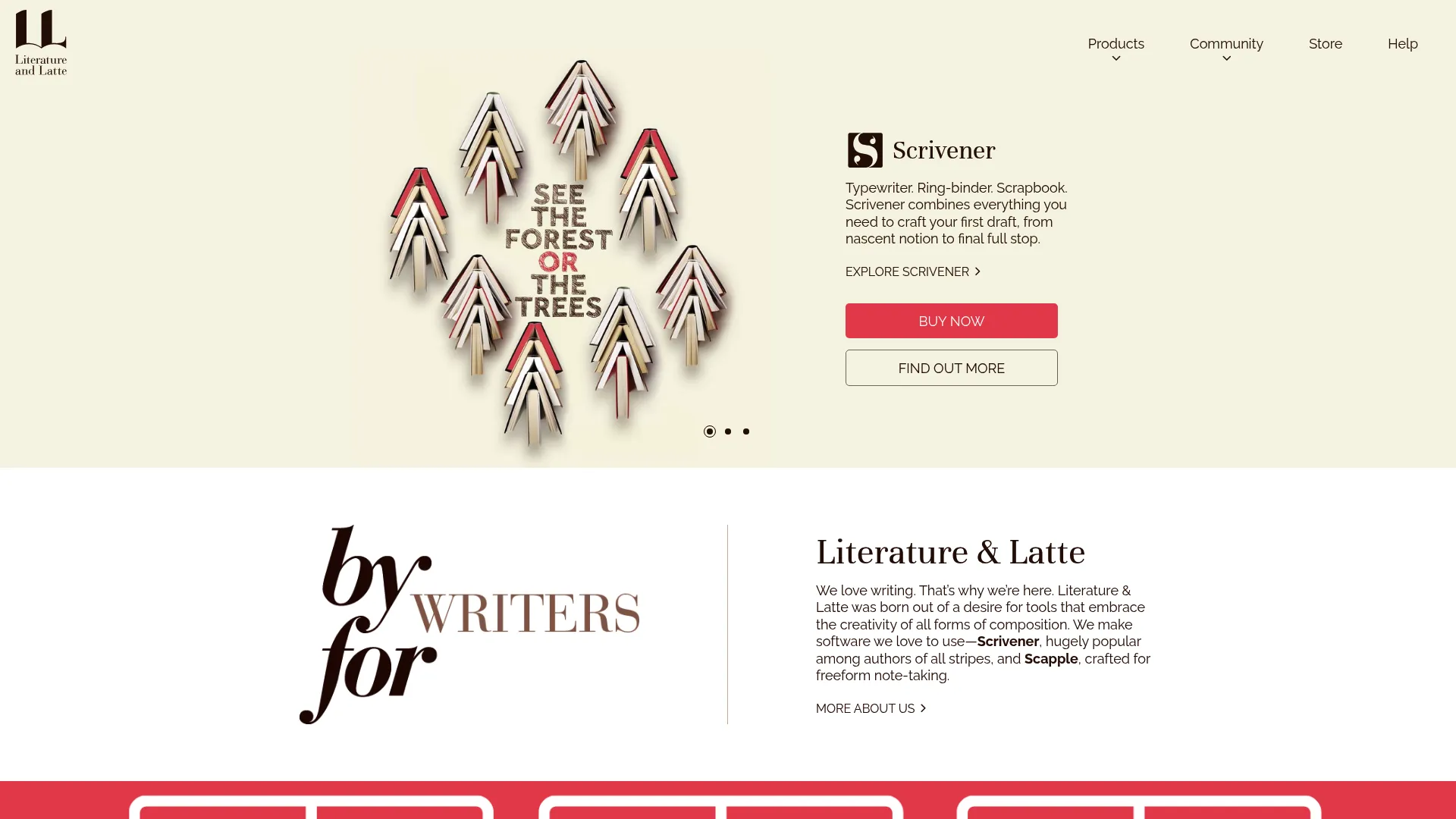Scrivener homepage showing long-form writing and research software