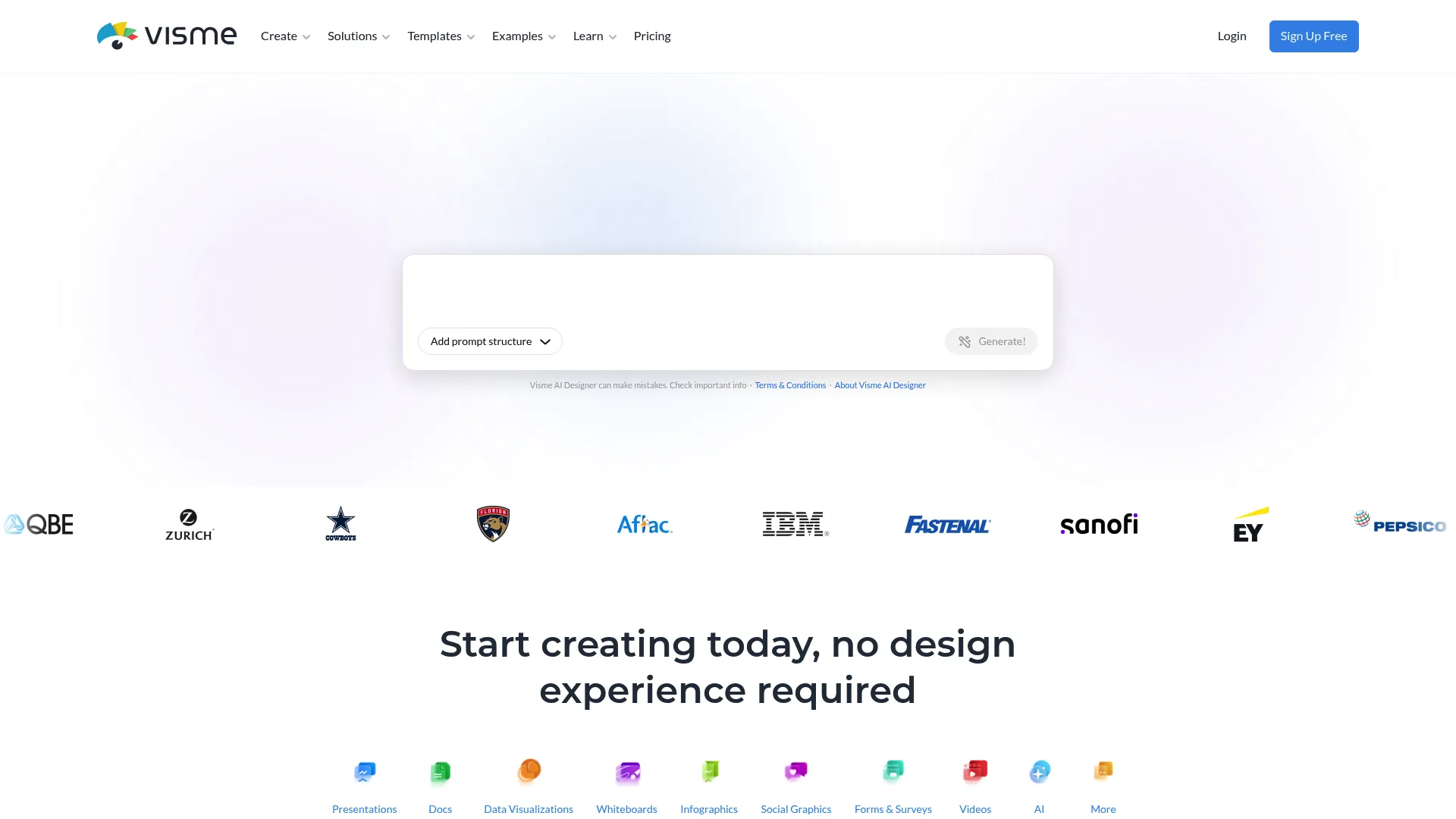 Visme homepage showing branded visual content and ebook creation