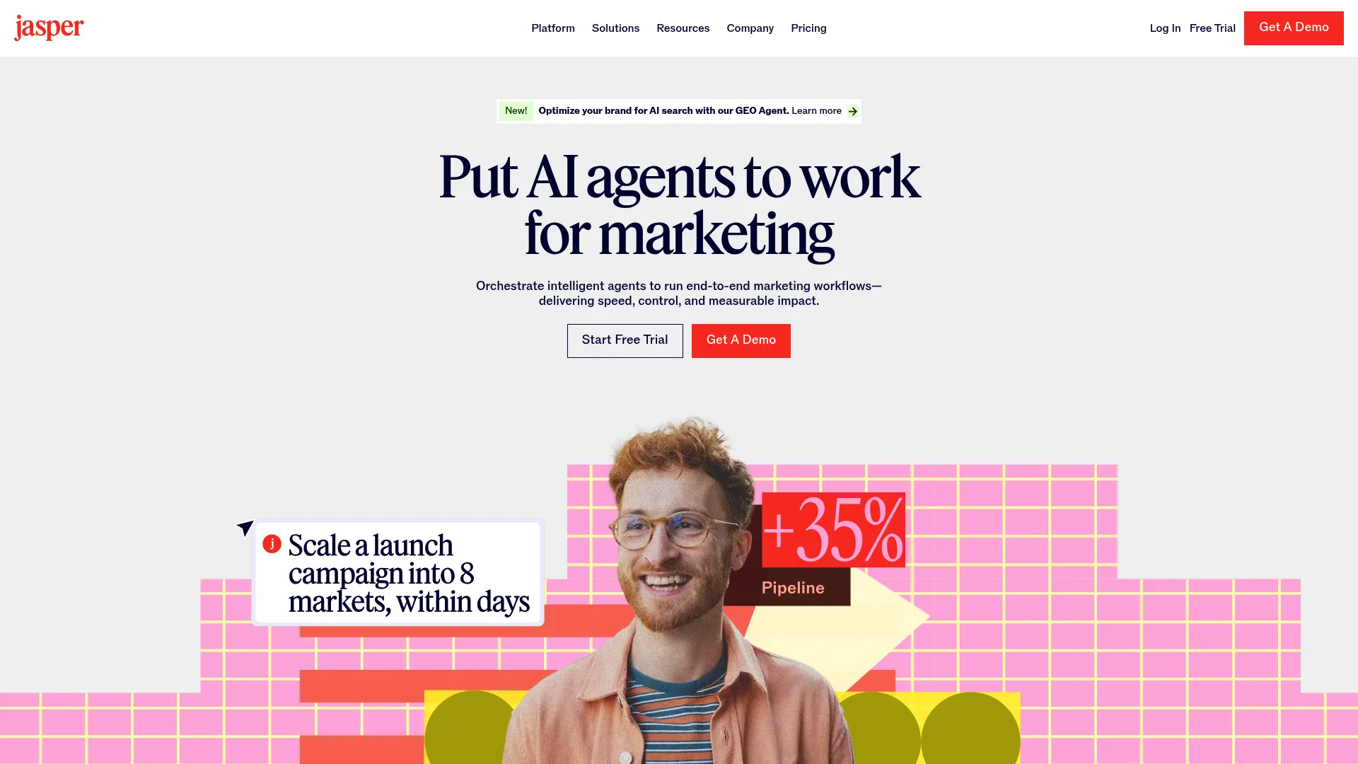 Jasper homepage showing its AI content platform for marketing teams