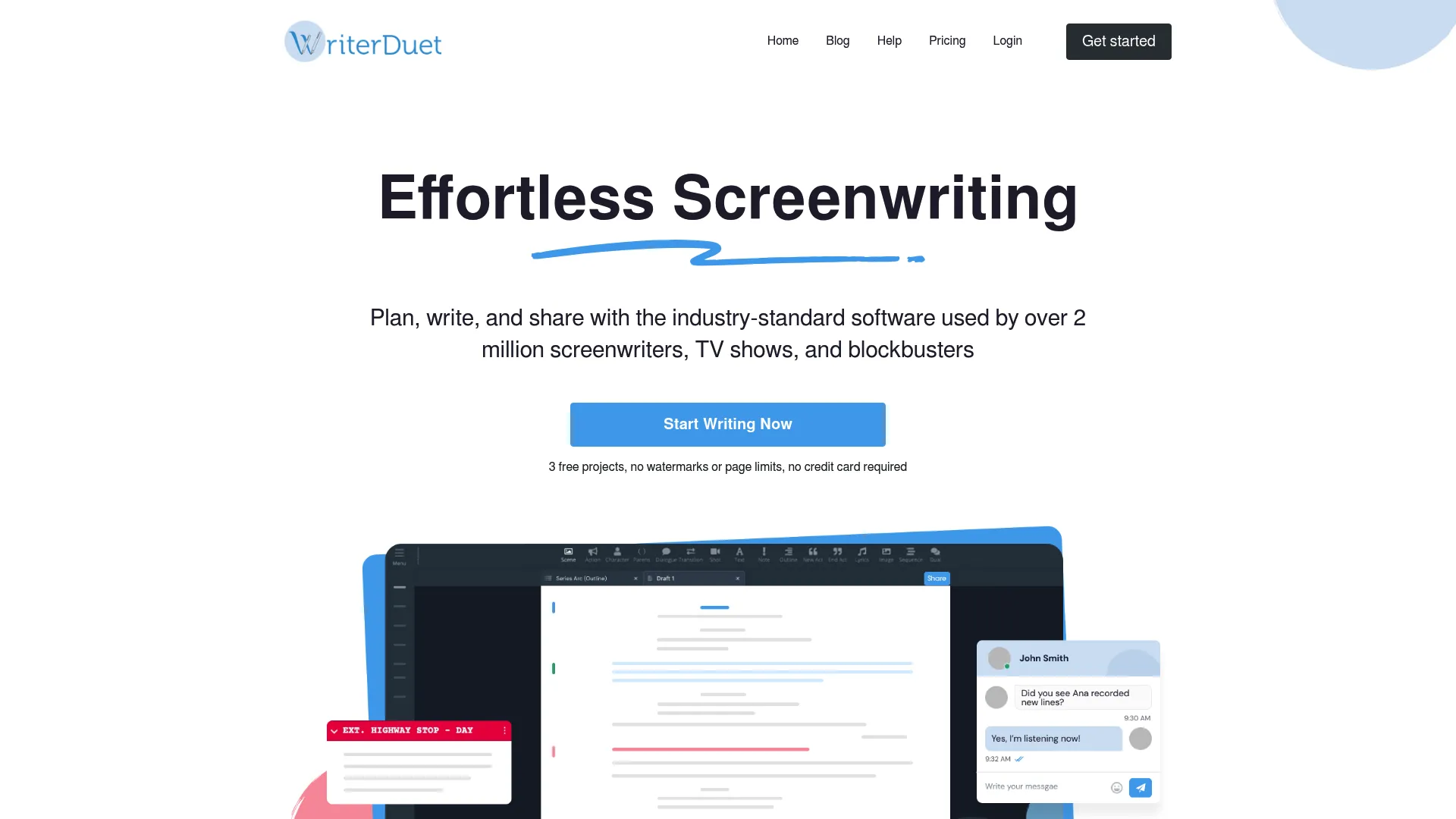 WriterDuet screenwriting software homepage
