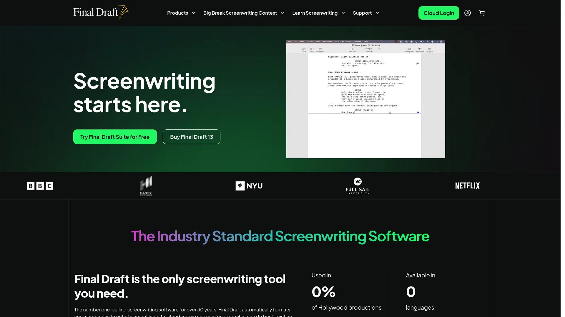 Final Draft screenwriting software homepage