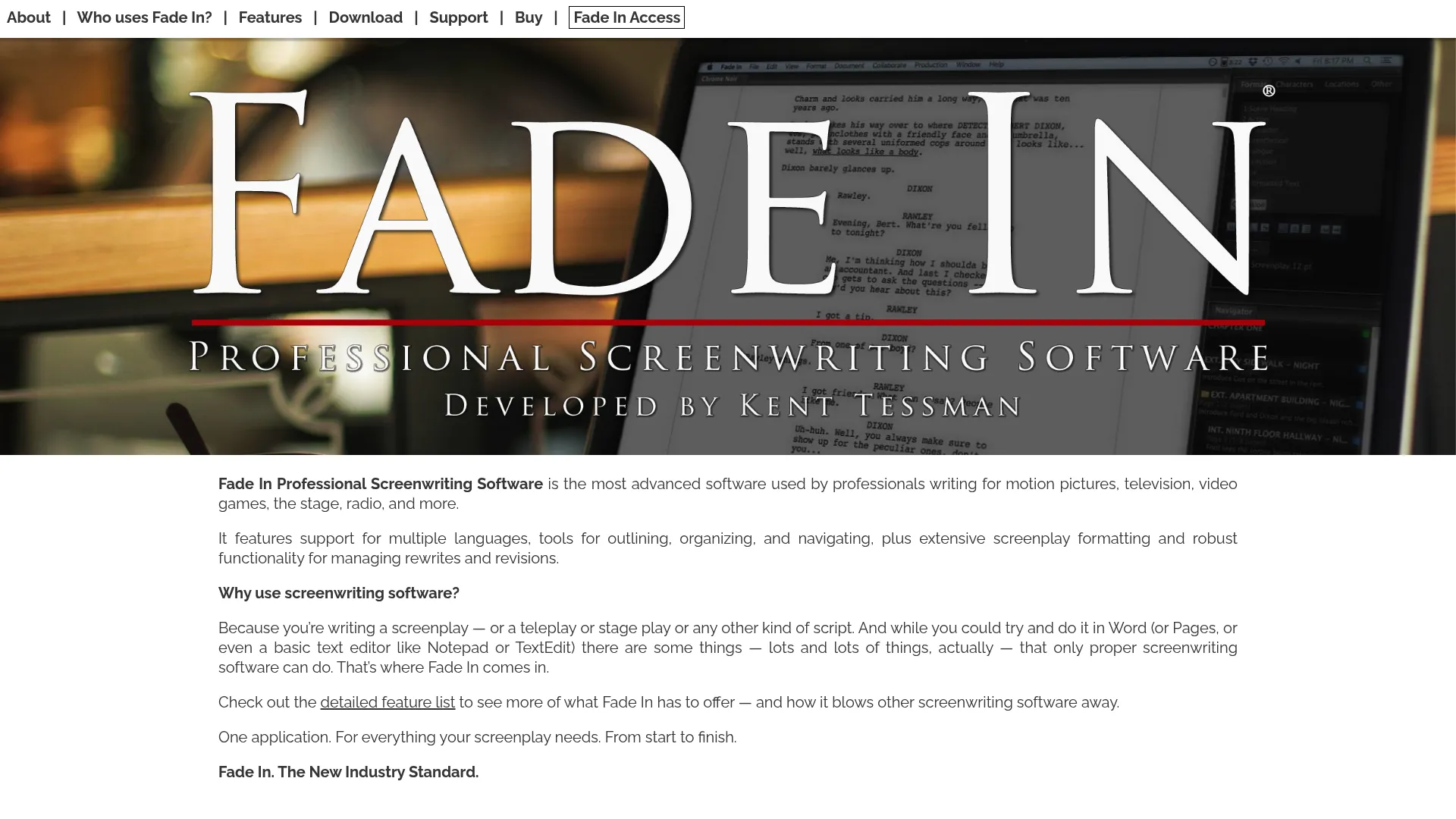 Fade In screenwriting software homepage