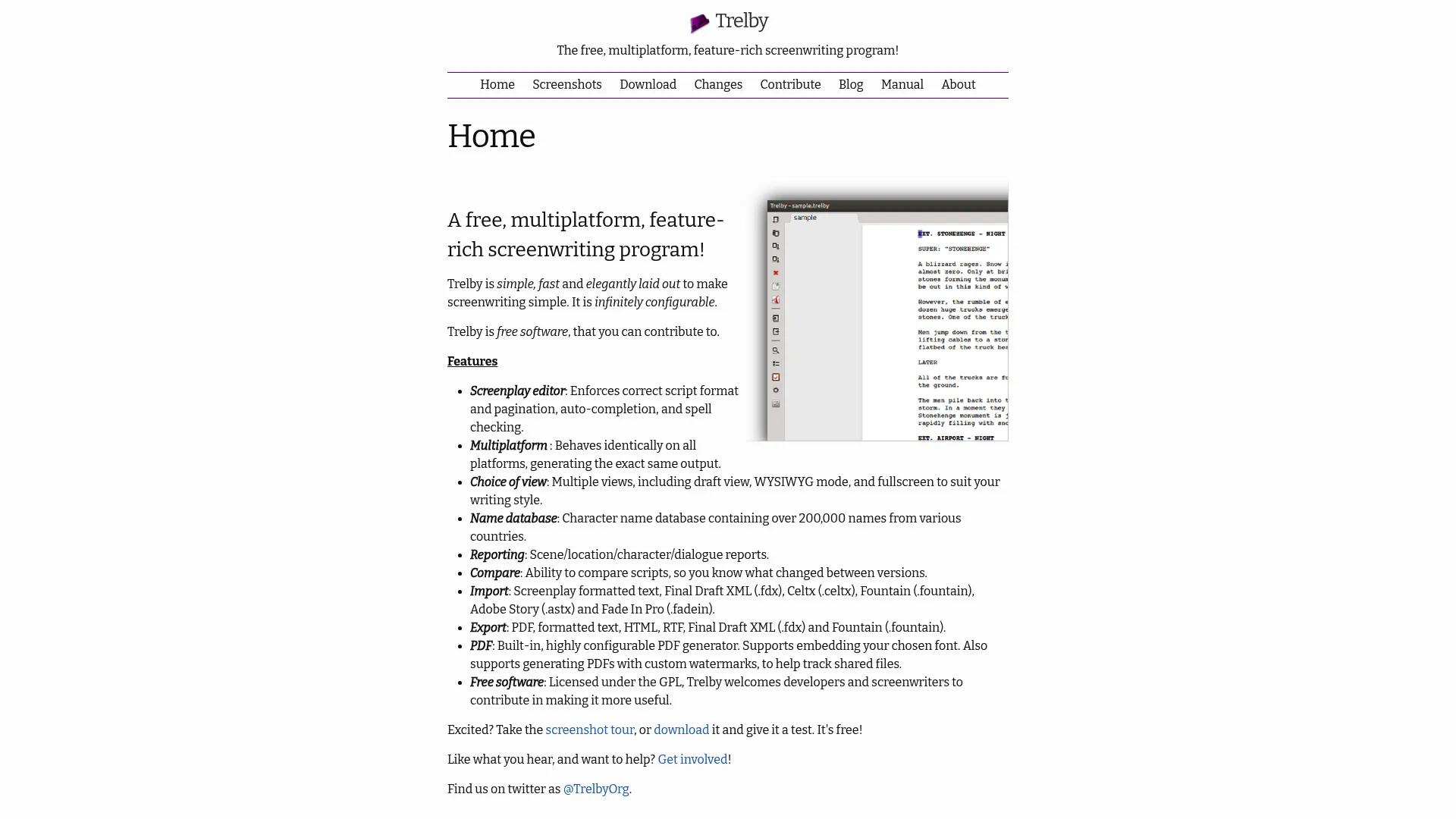 Trelby free screenwriting software homepage