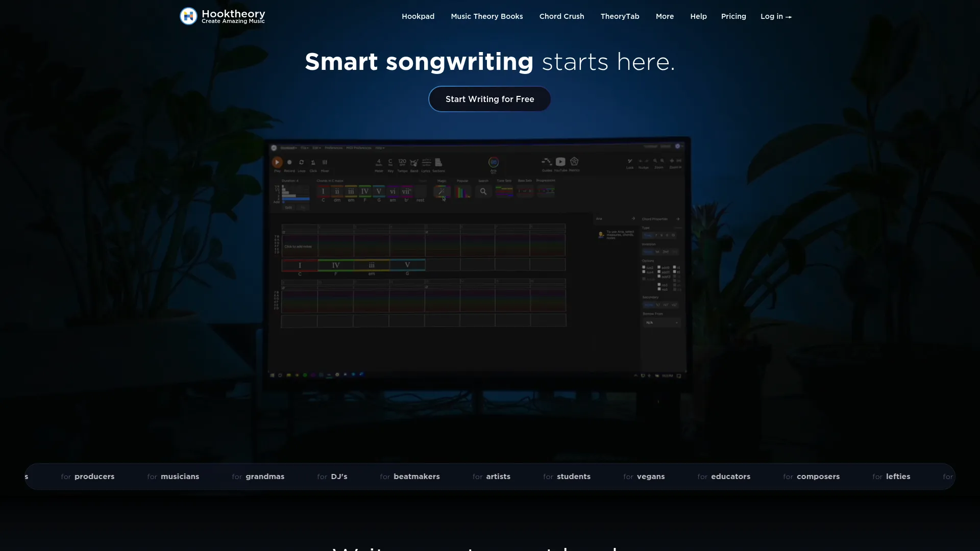 Hookpad browser-based chord and melody songwriting tool homepage