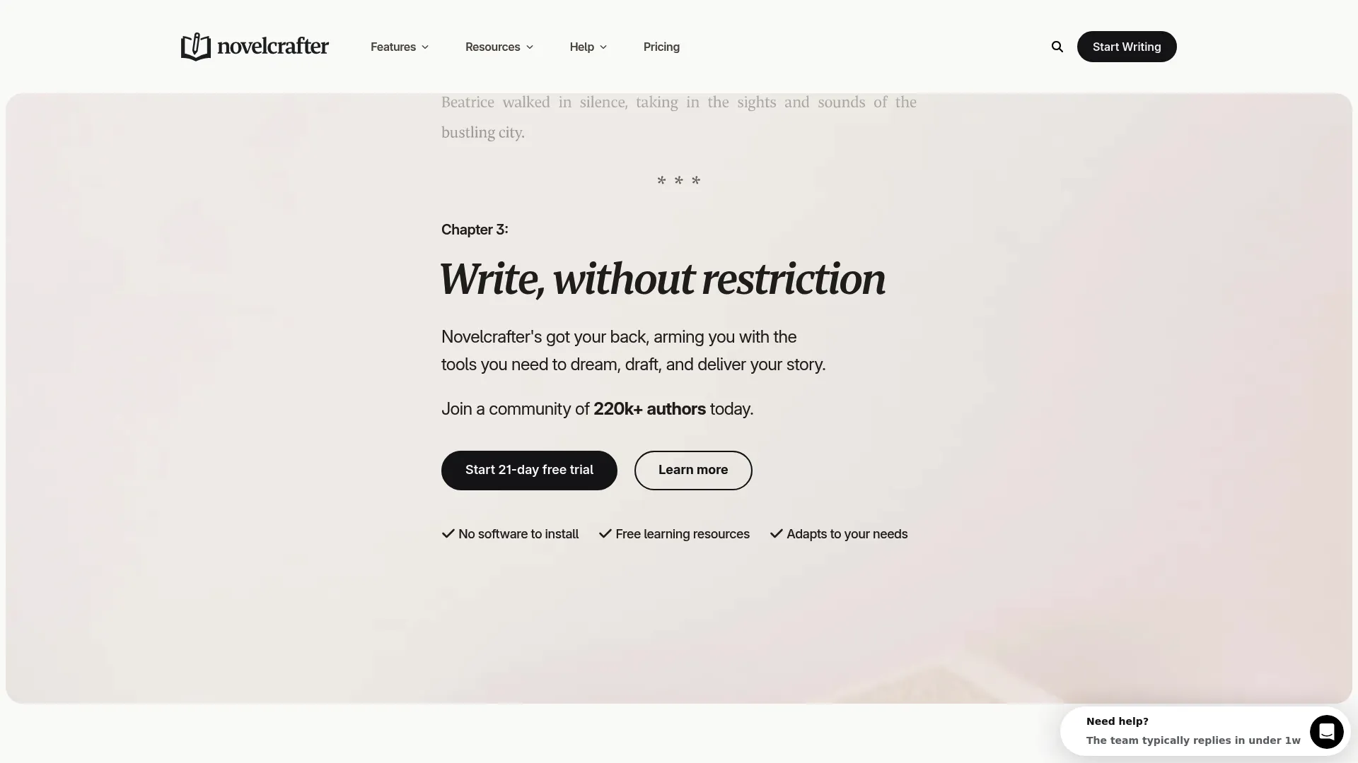 Novelcrafter web-based novel writing platform homepage