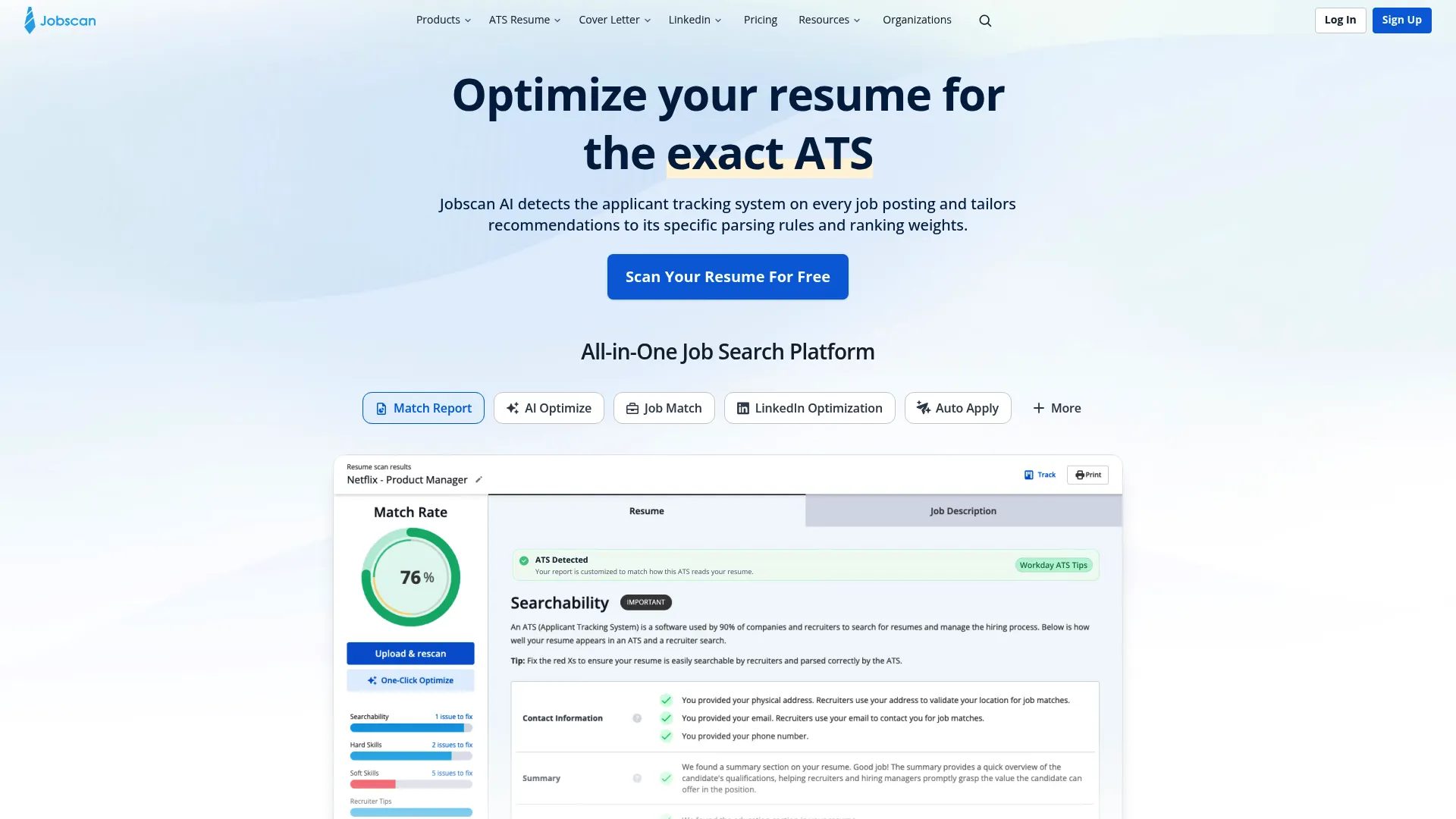 Jobscan resume optimization homepage