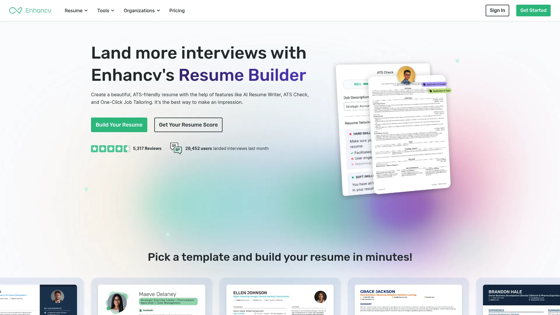 Enhancv resume builder homepage