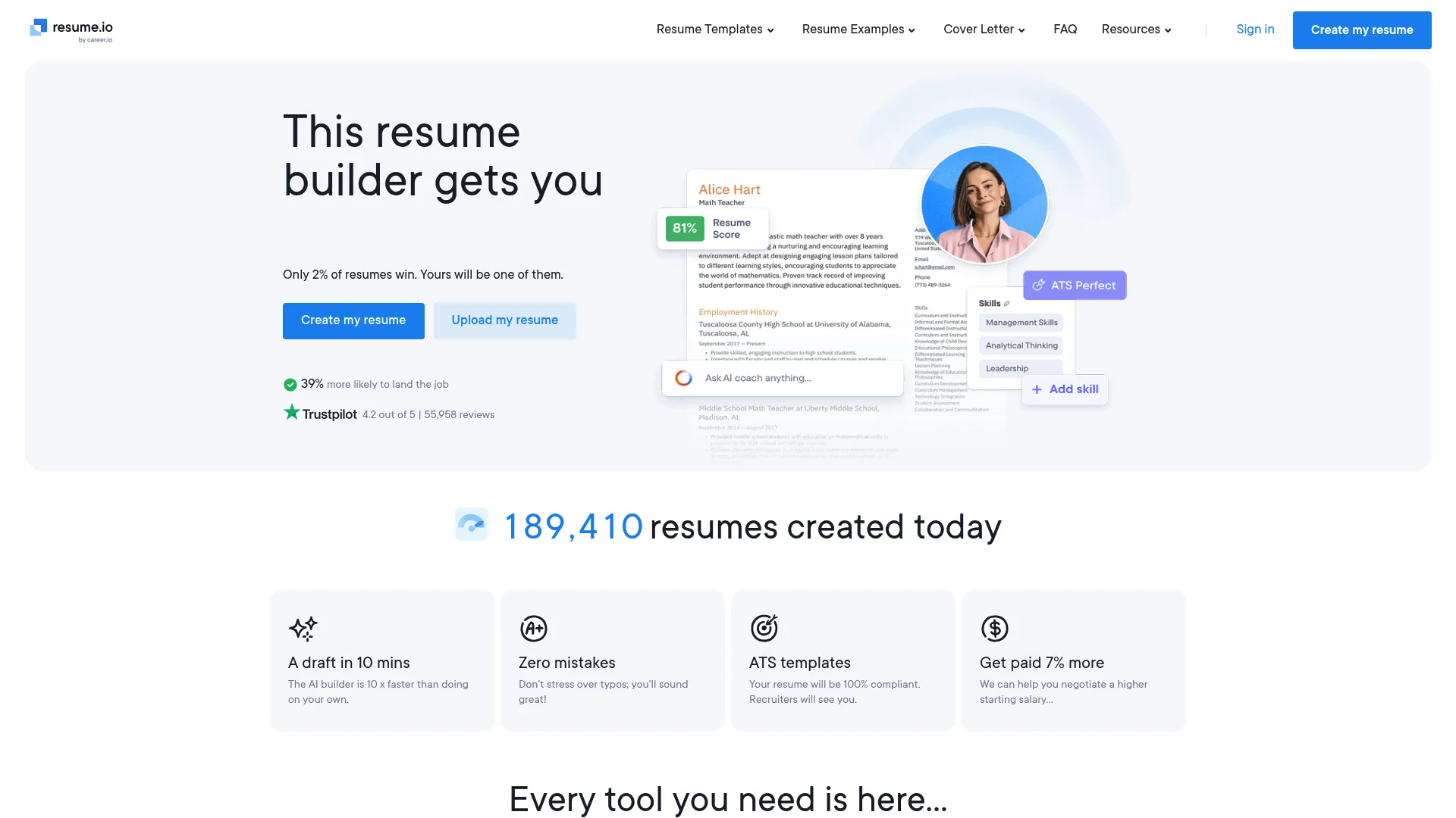 Resume.io builder homepage