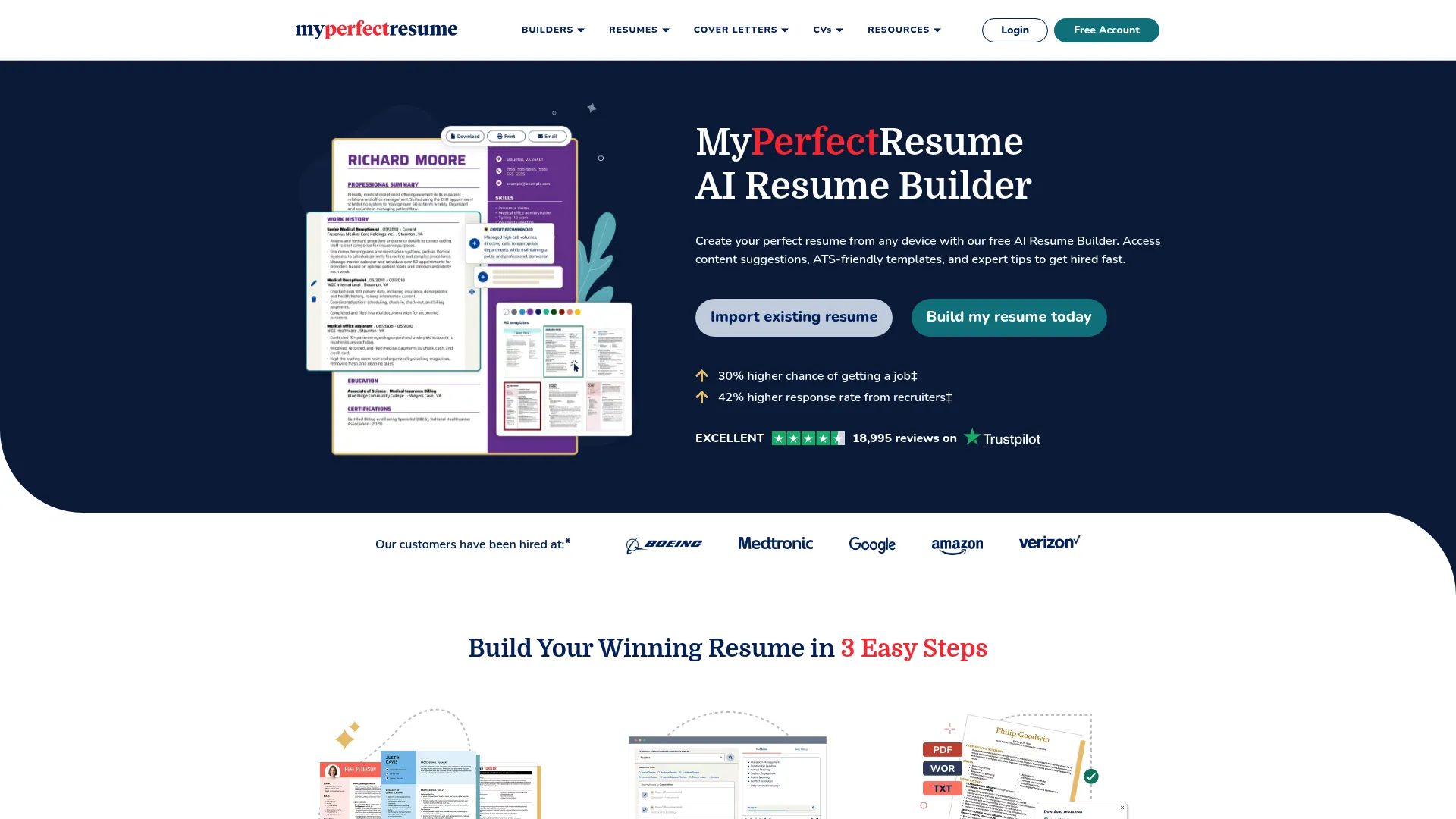 MyPerfectResume builder homepage