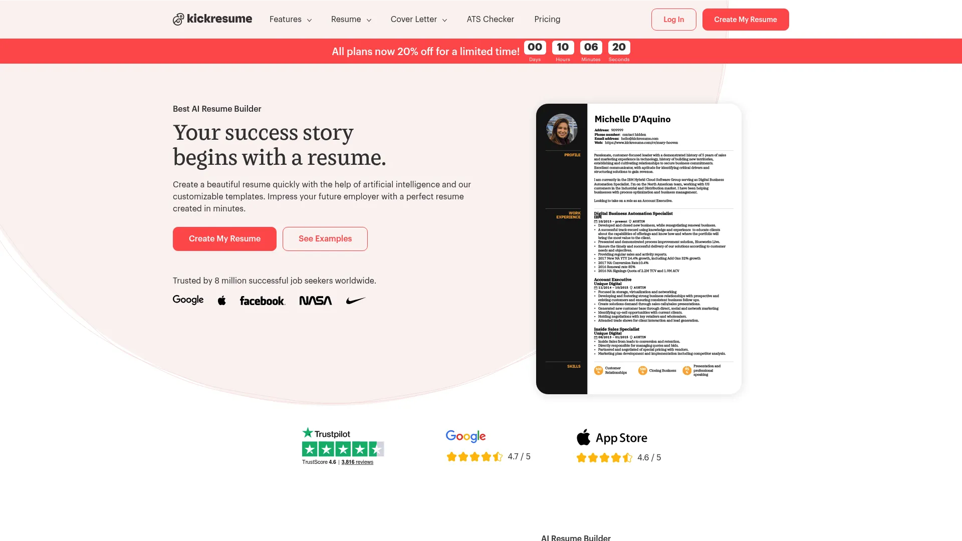 Kickresume resume builder homepage