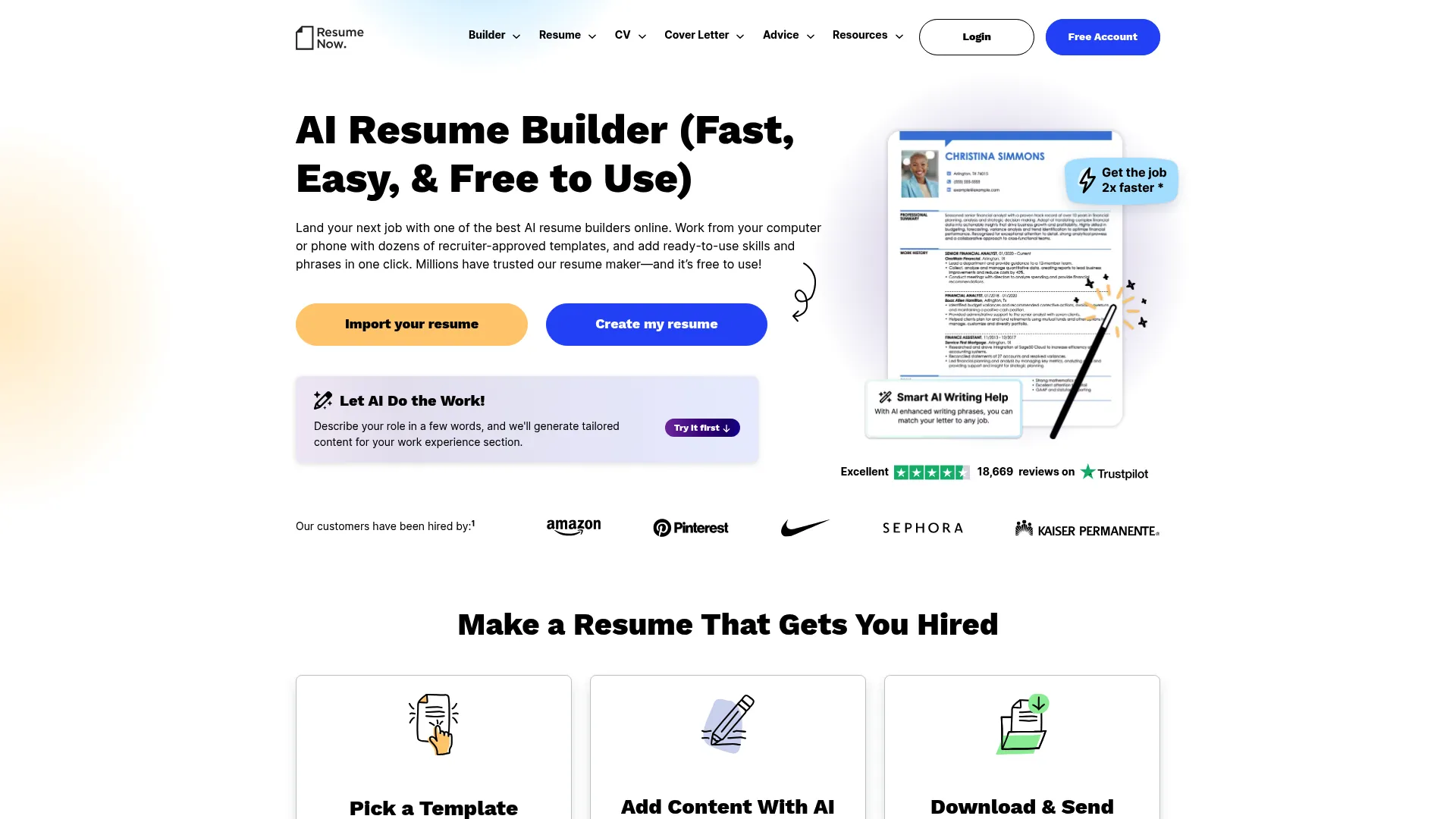 Resume Now builder homepage