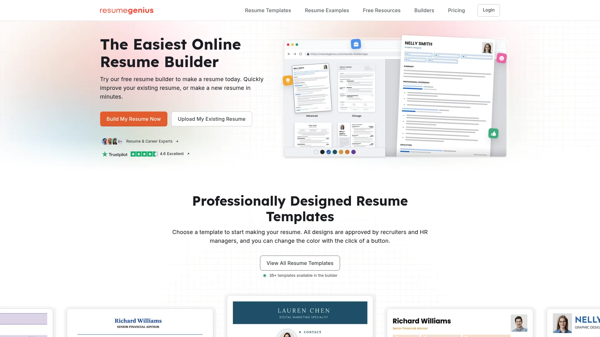 ResumeGenius builder homepage