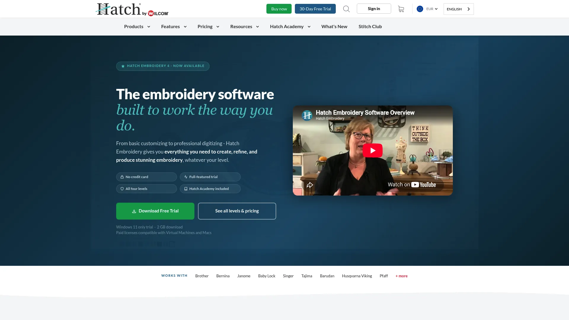 Hatch Embroidery homepage showing embroidery software product tiers