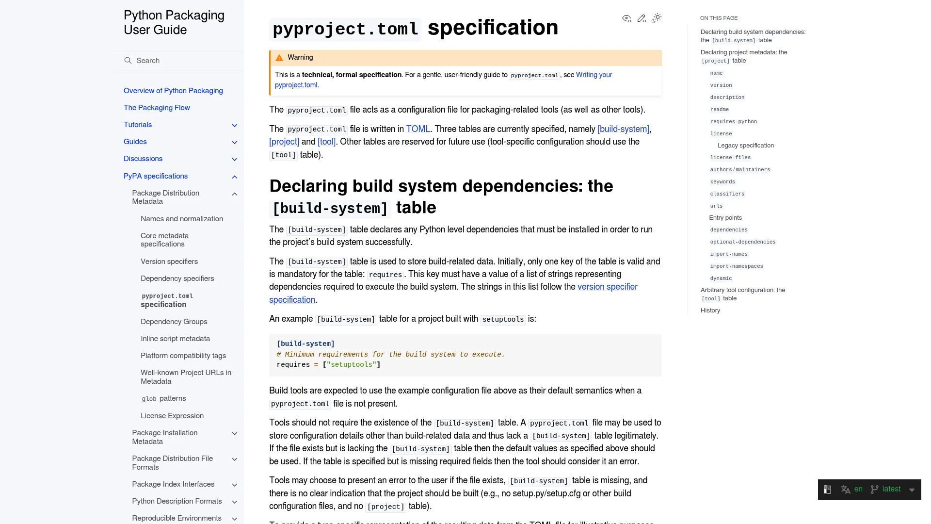 pyproject.toml Python packaging specification documentation