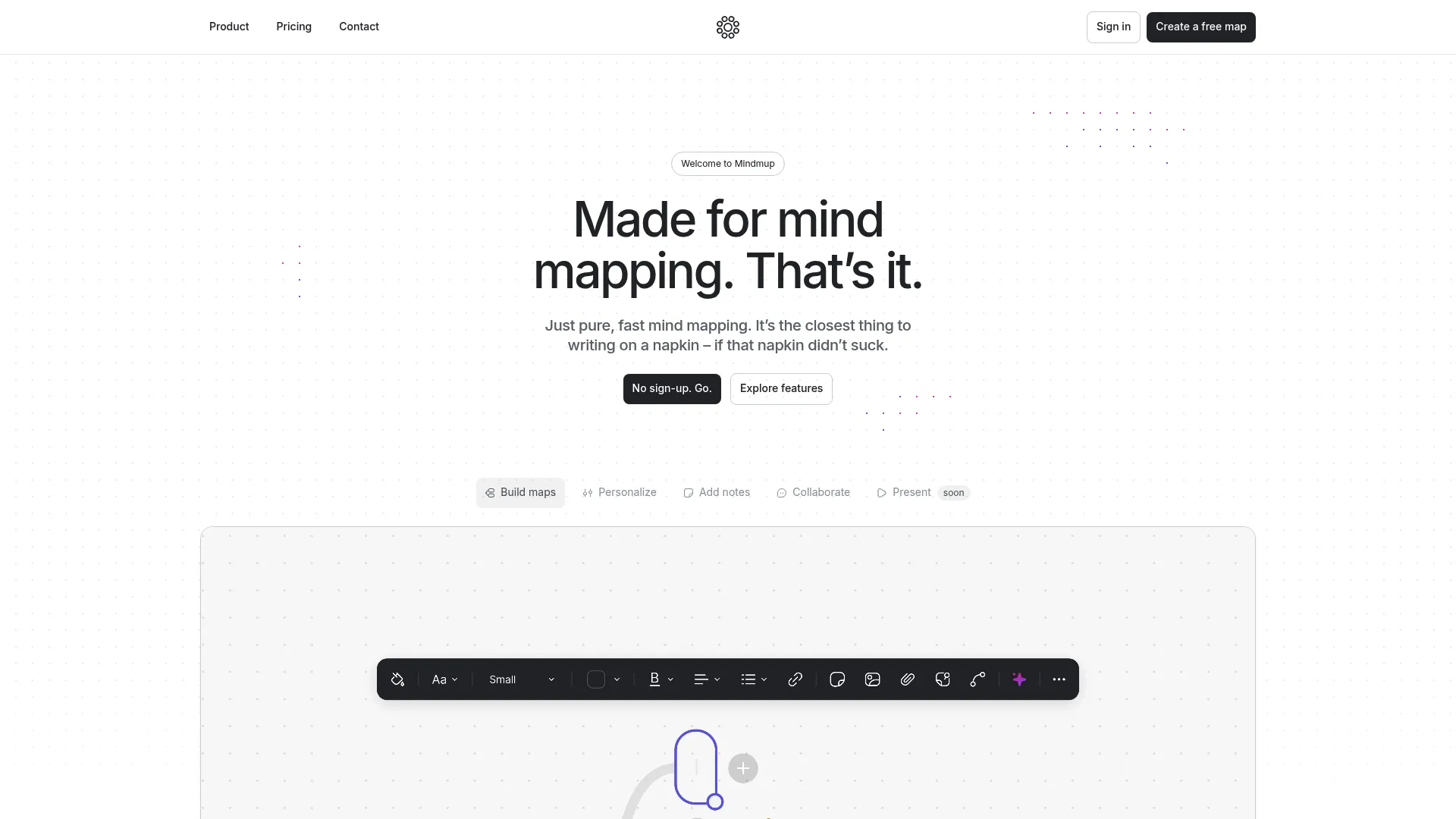 MindMup homepage showing lightweight online mind mapping and publishing