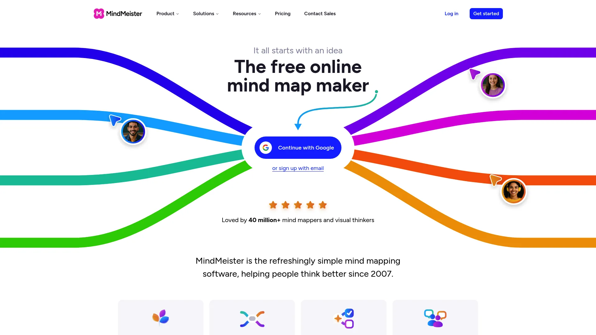 MindMeister homepage showing collaborative online mind mapping software