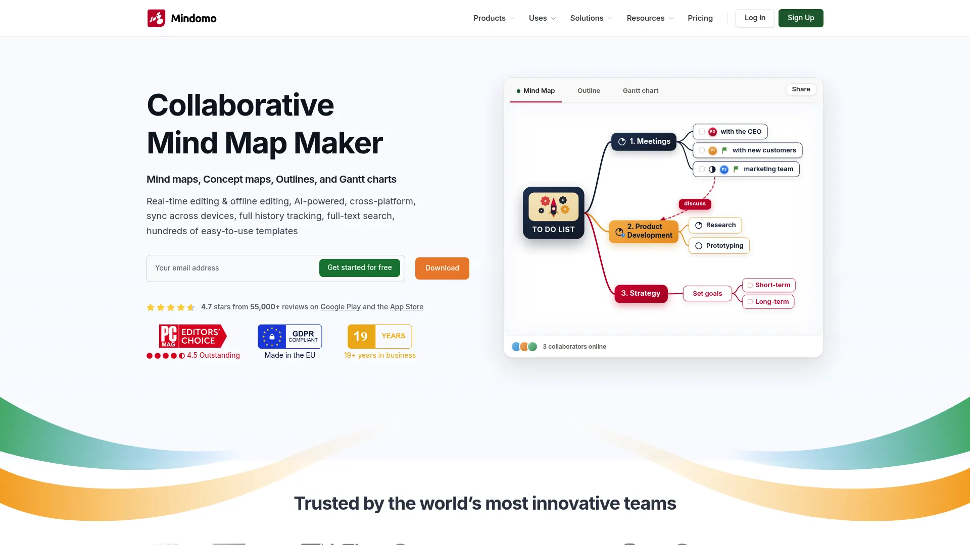 Mindomo homepage showing collaborative mind mapping and diagramming software