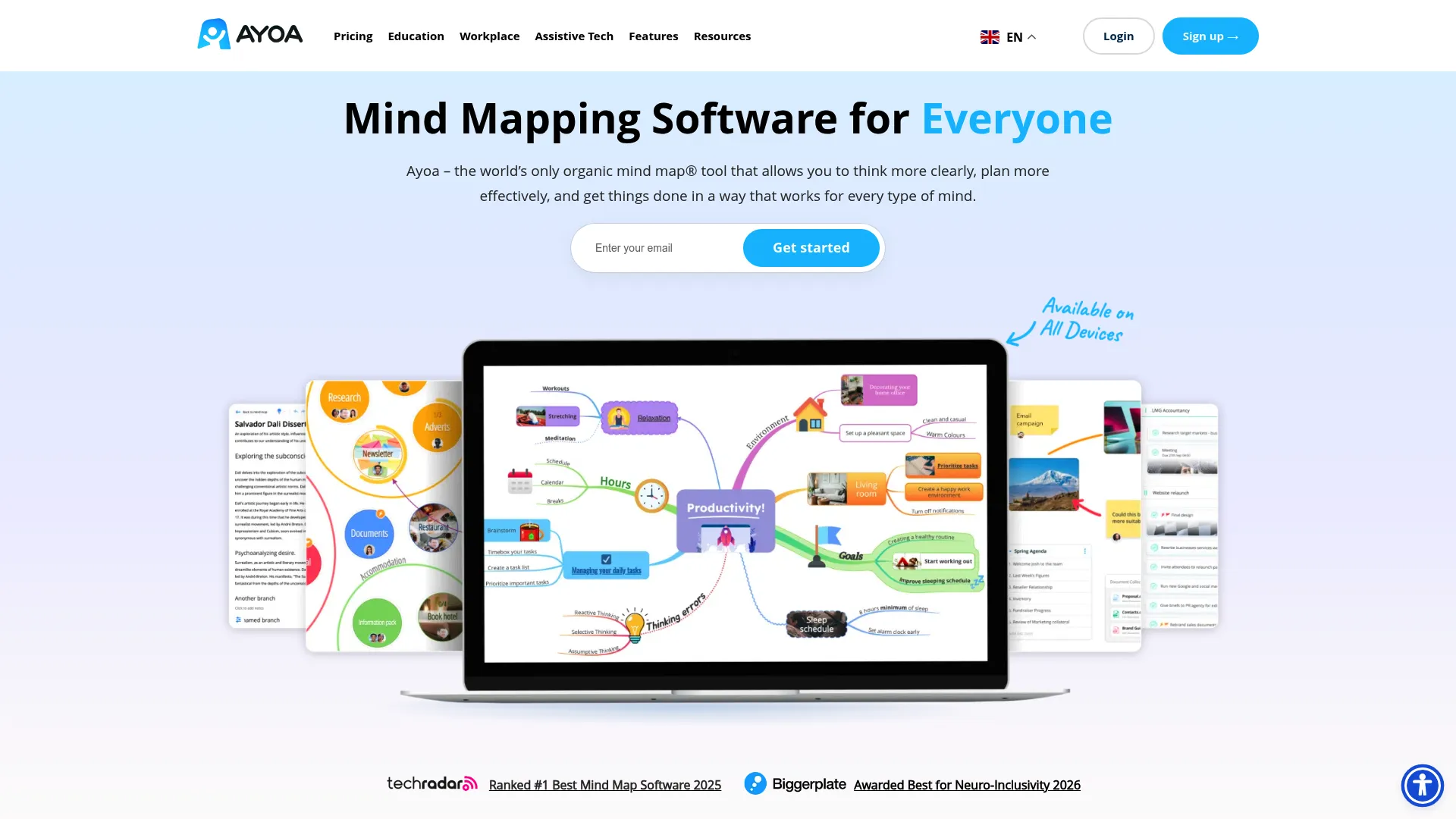 AYOA homepage showing mind mapping combined with task and project management