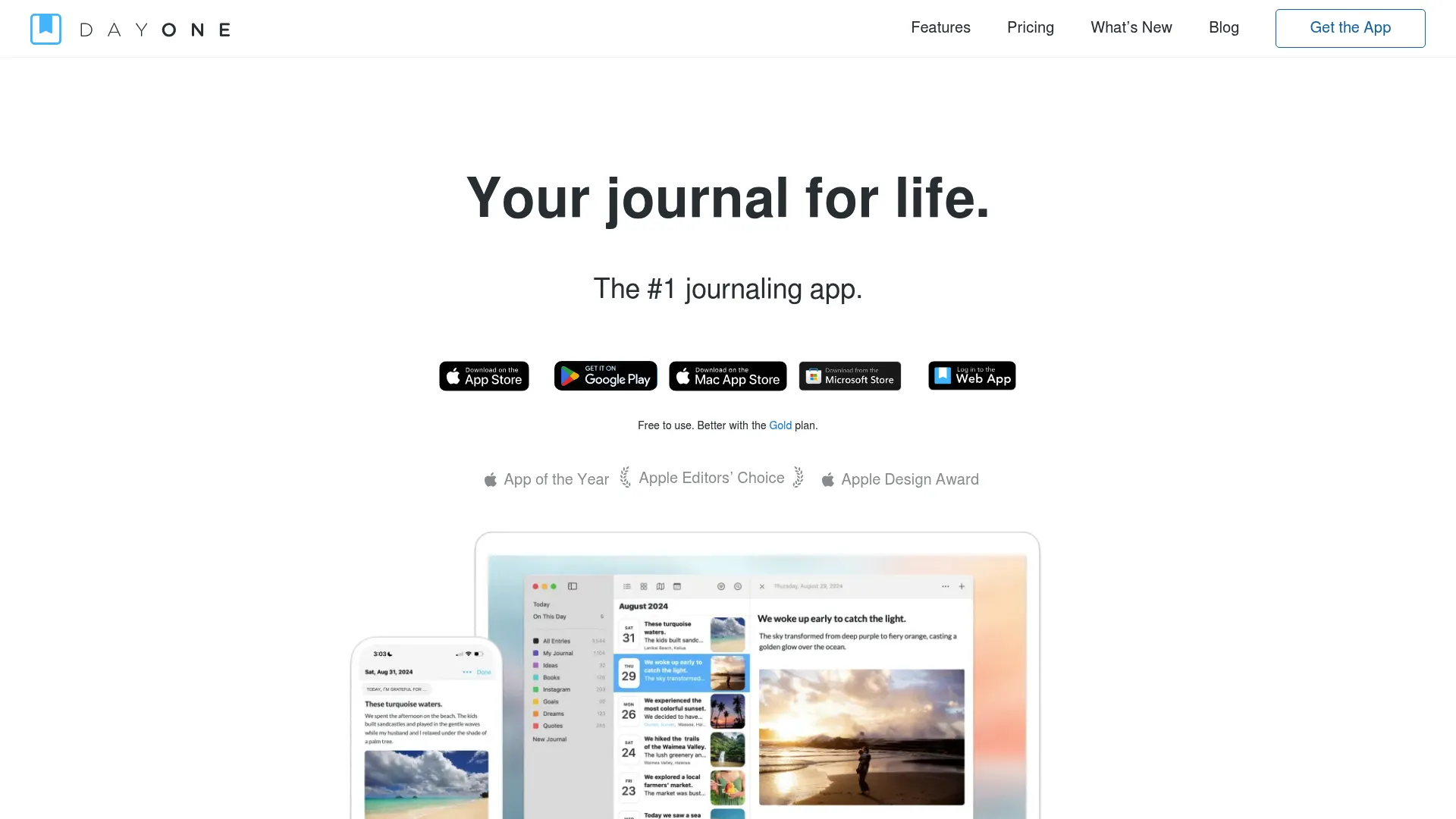Day One journaling app homepage