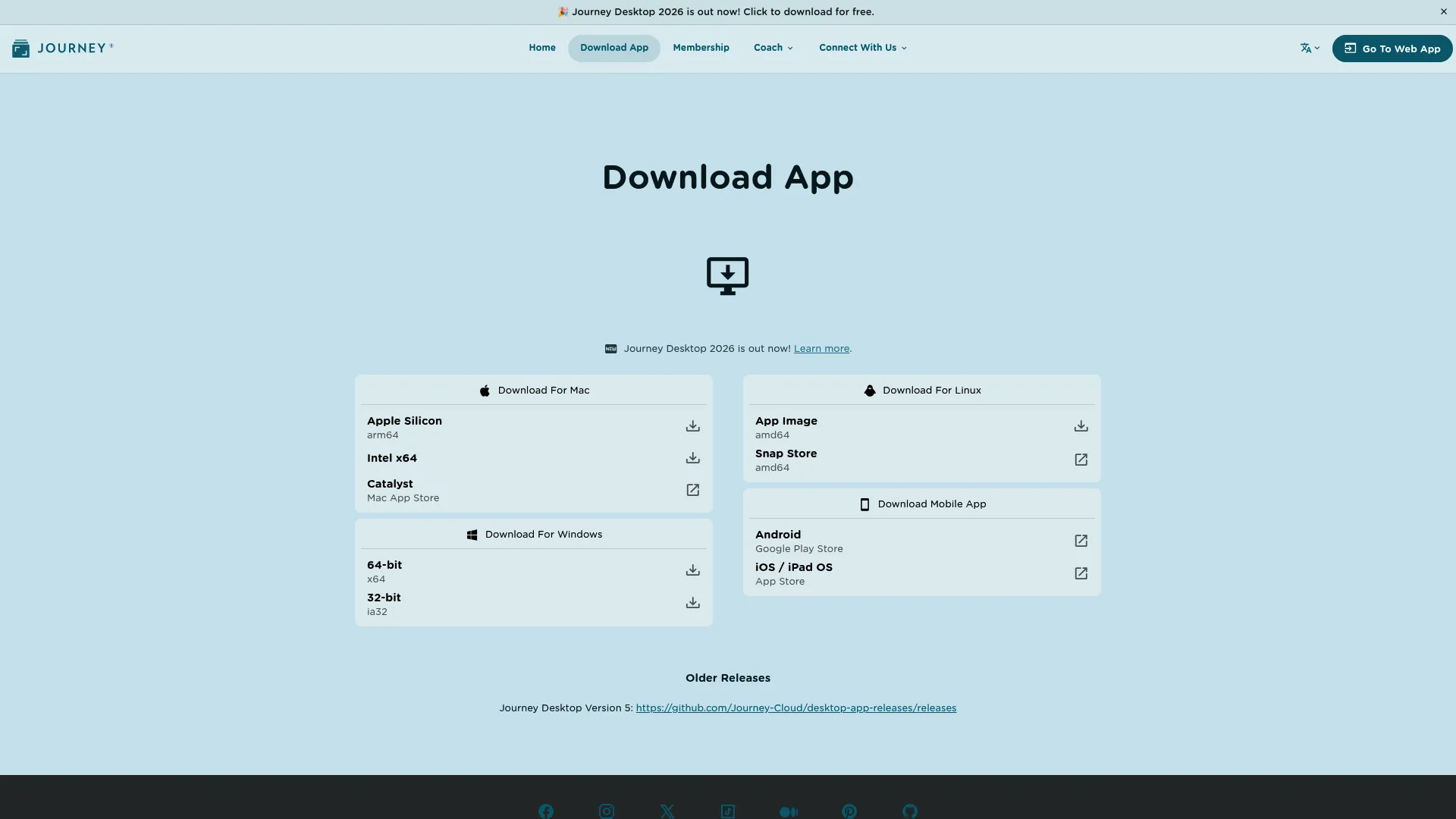 Journey journaling app homepage