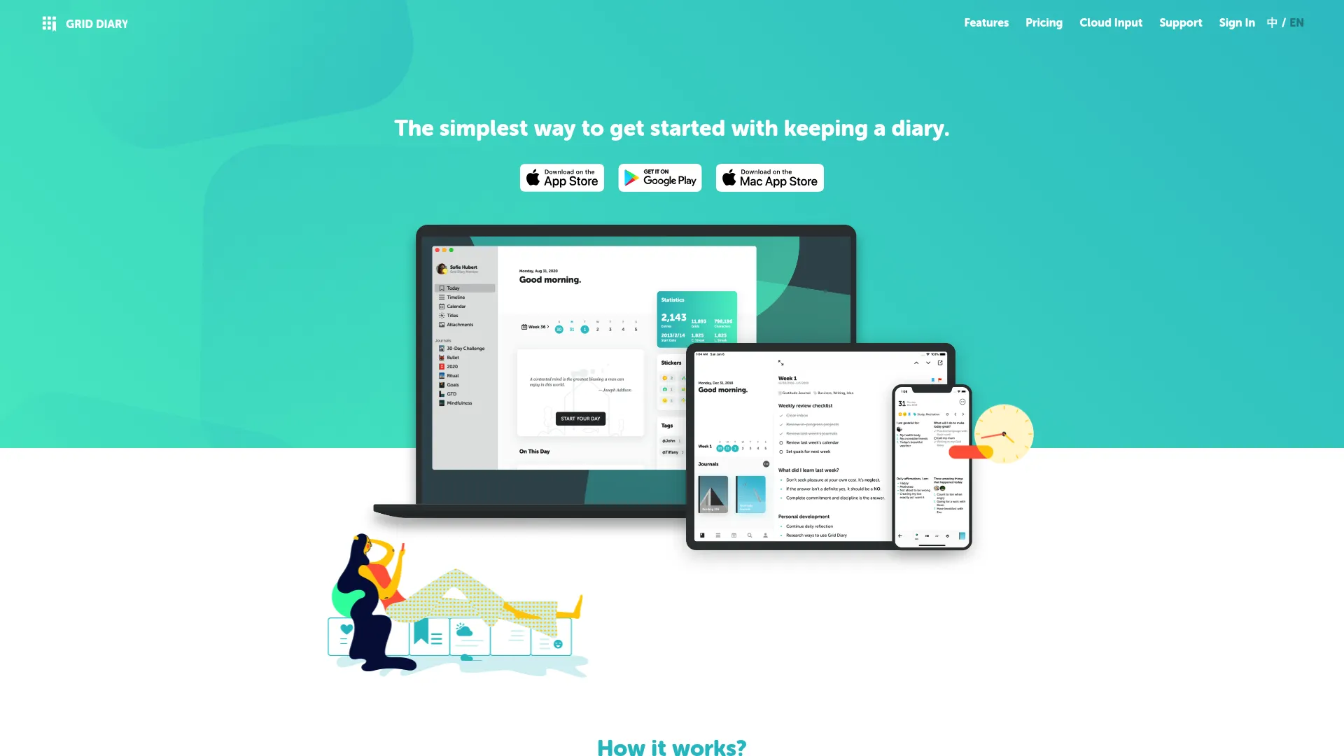 Grid Diary guided journaling app homepage