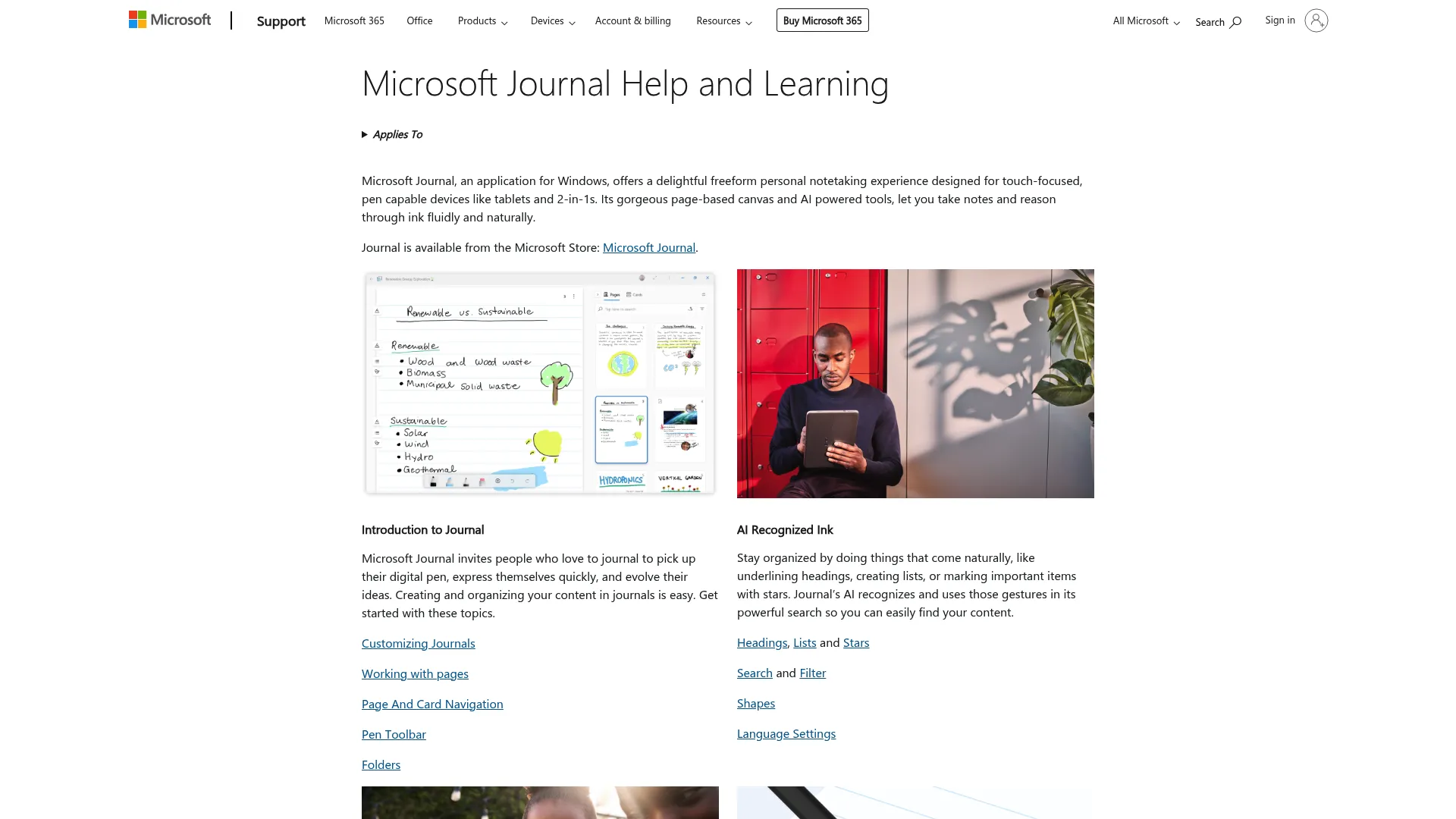Microsoft Journal help and learning page