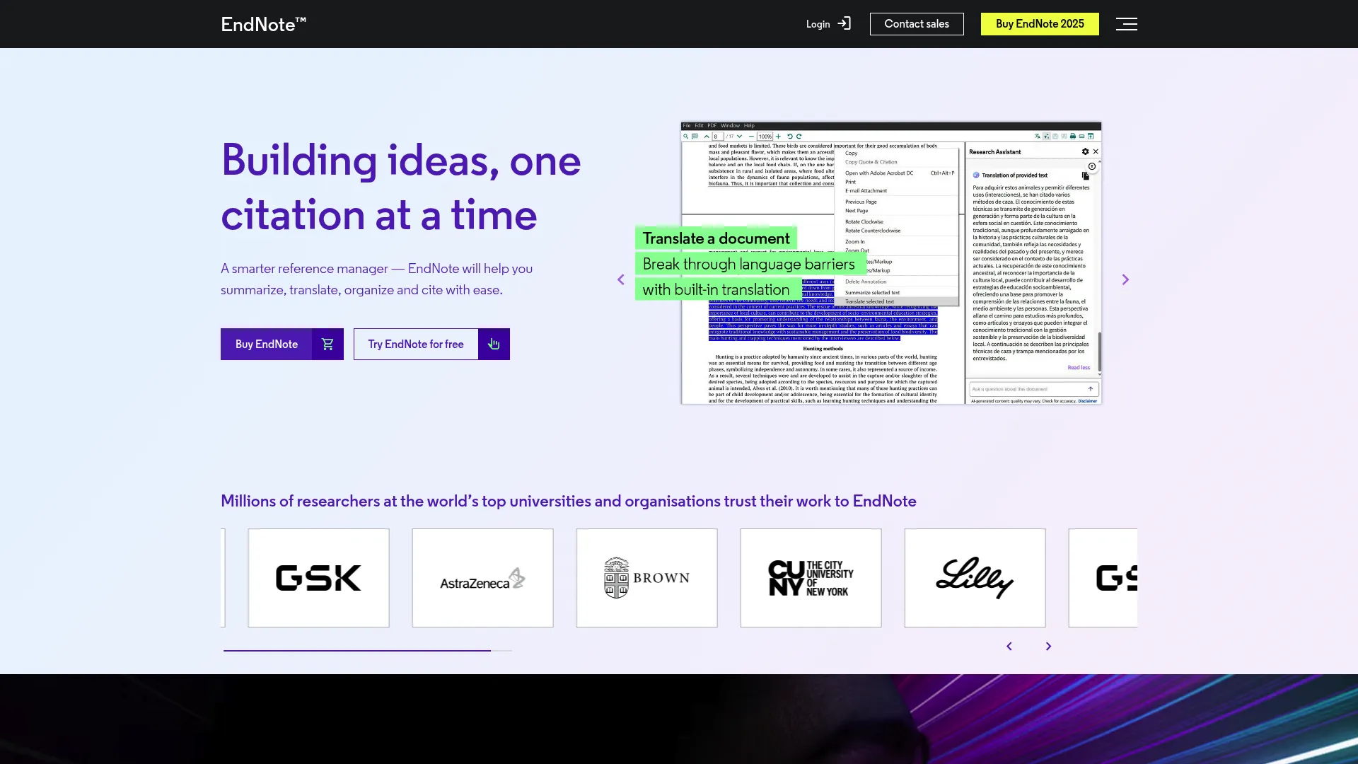 EndNote homepage showing its reference management and research tools