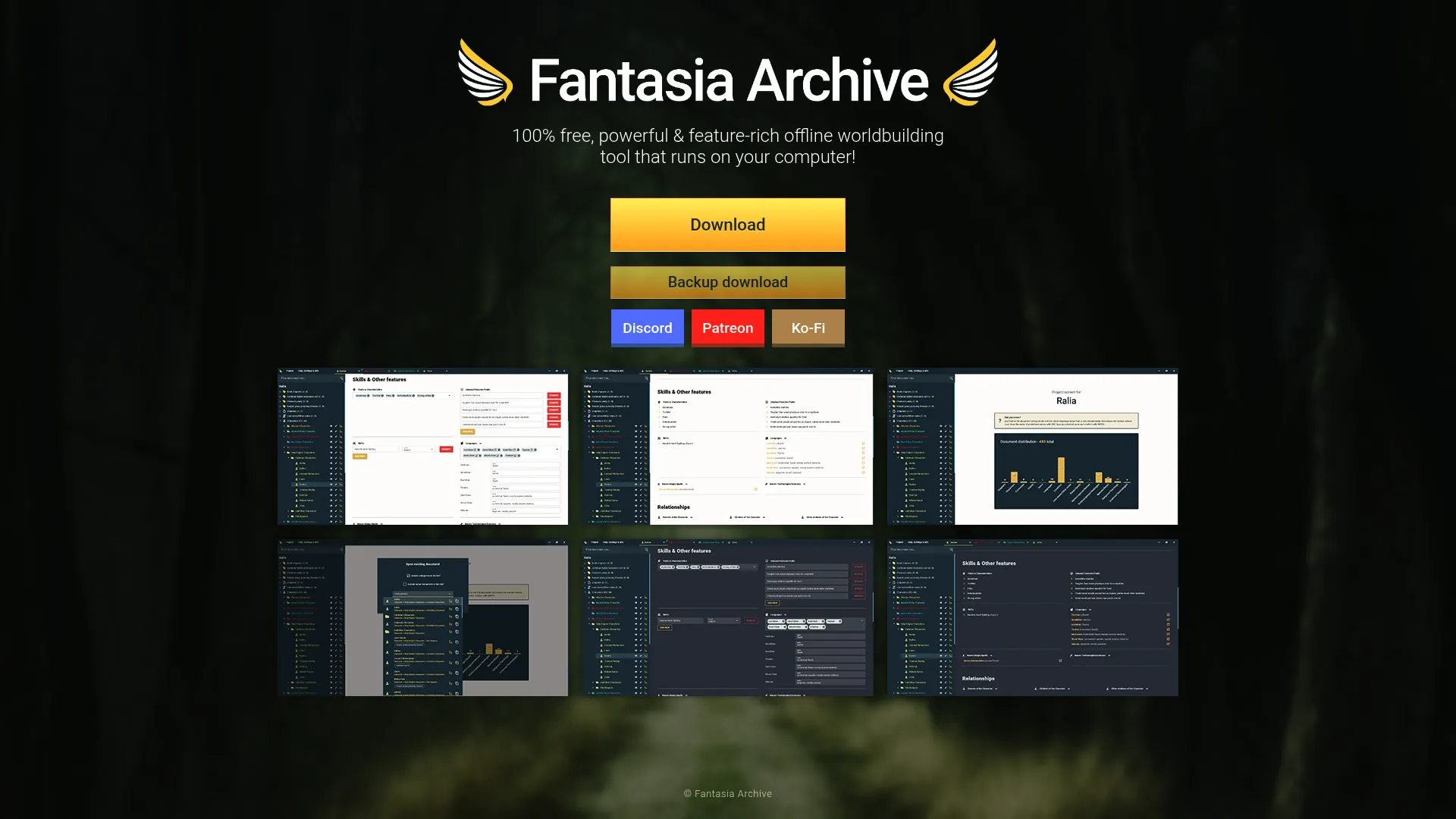 Fantasia Archive offline worldbuilding tool homepage