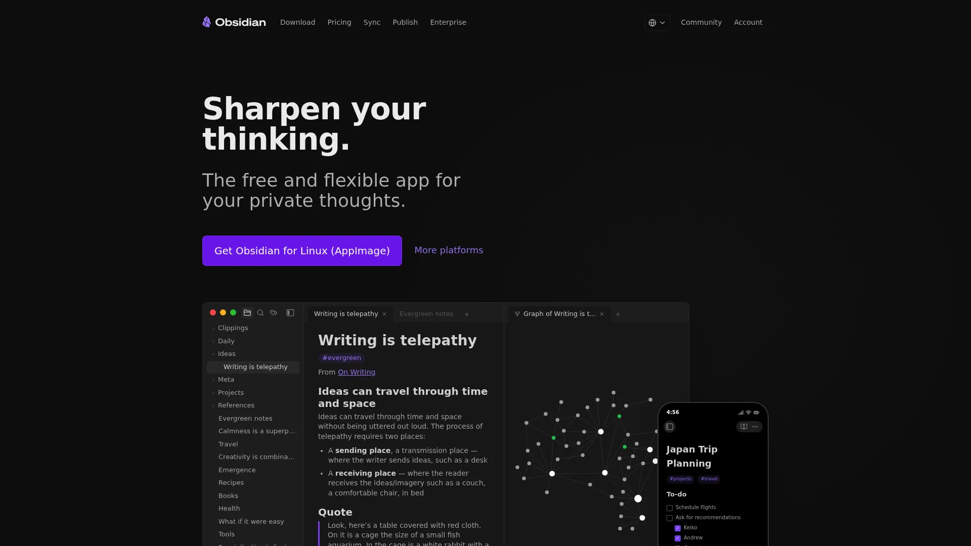 Obsidian Markdown knowledge base app homepage