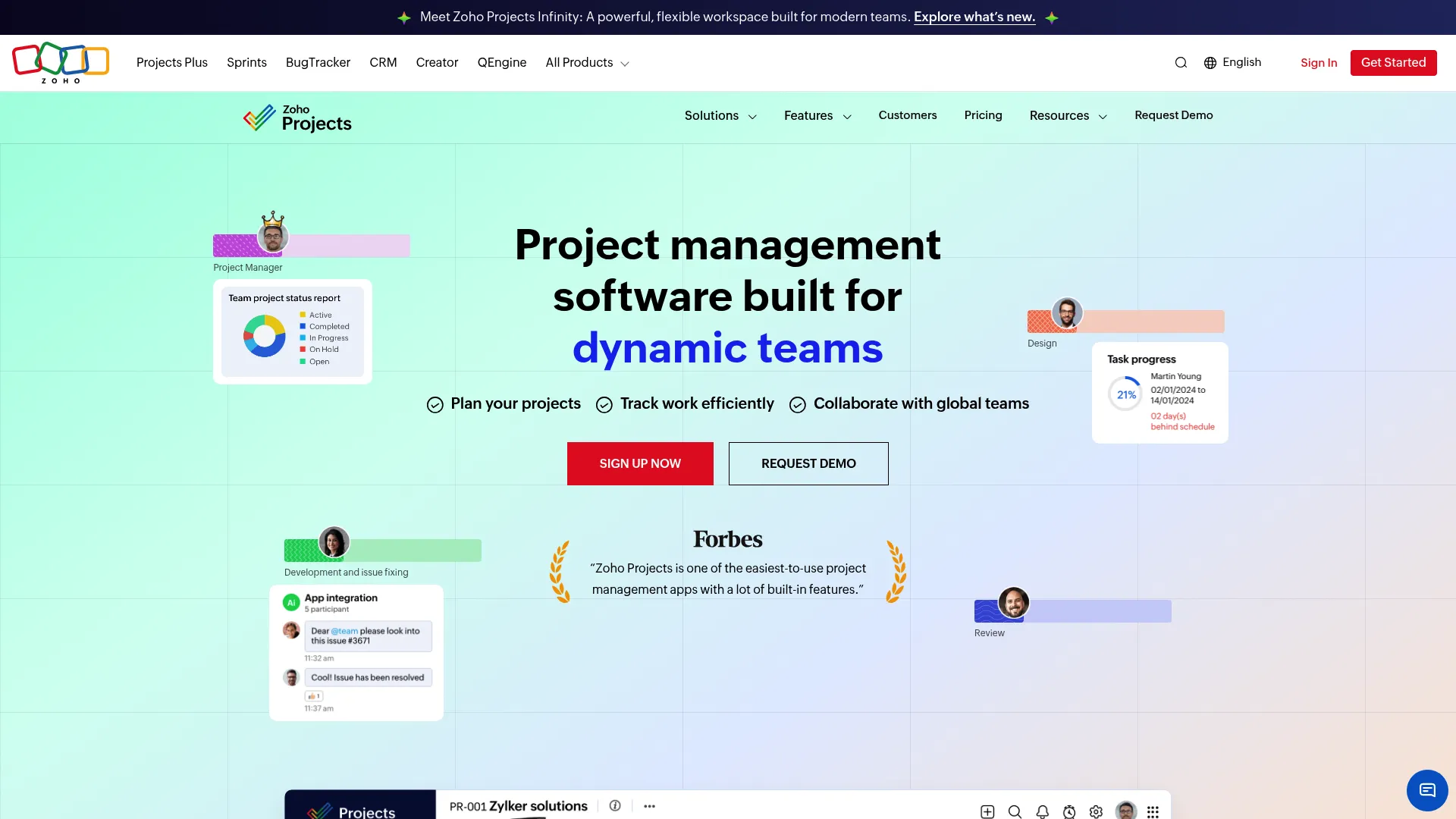 Zoho Projects homepage showing task management, Gantt charts, and time tracking