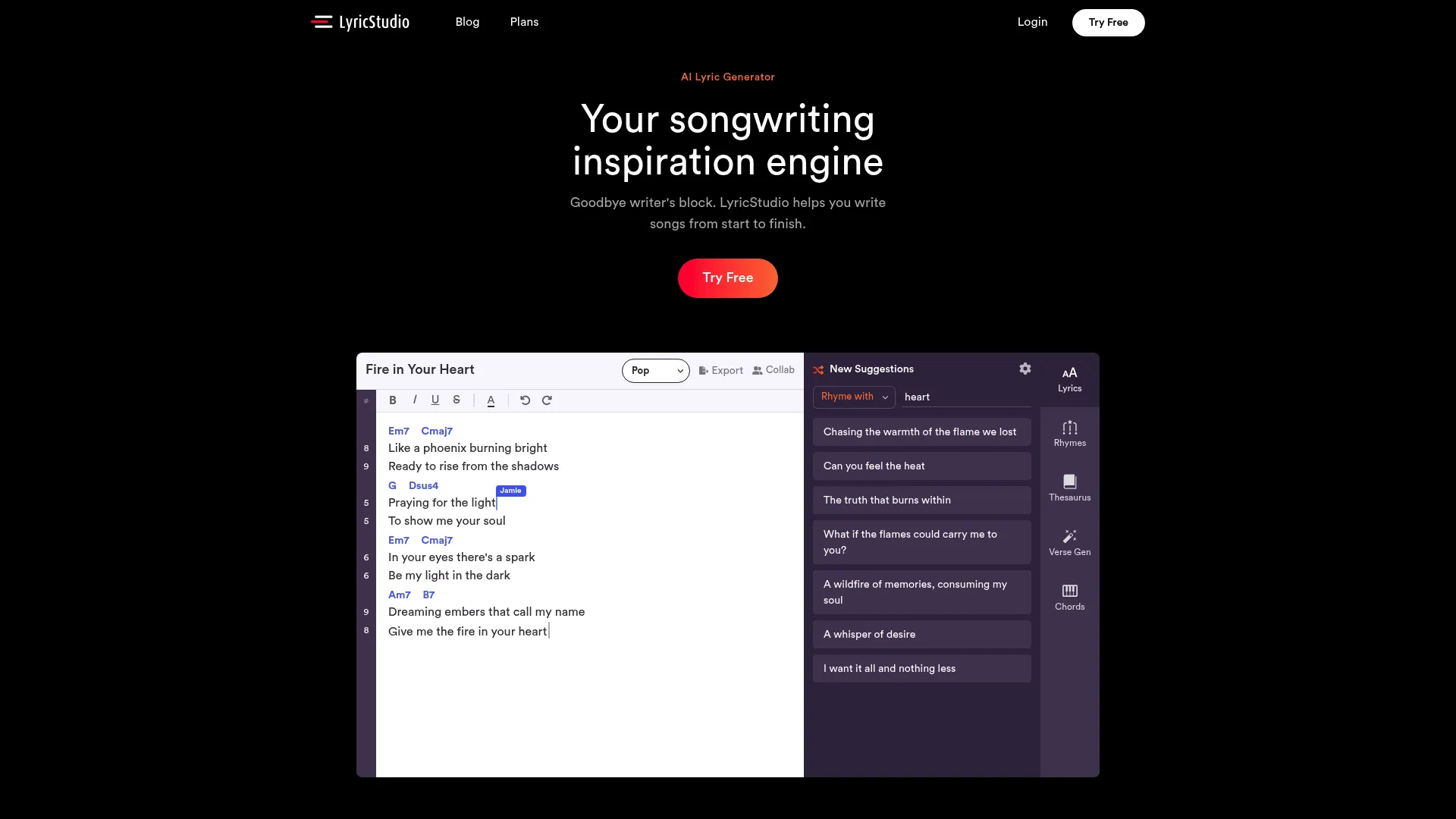 LyricStudio AI lyric-writing assistant homepage