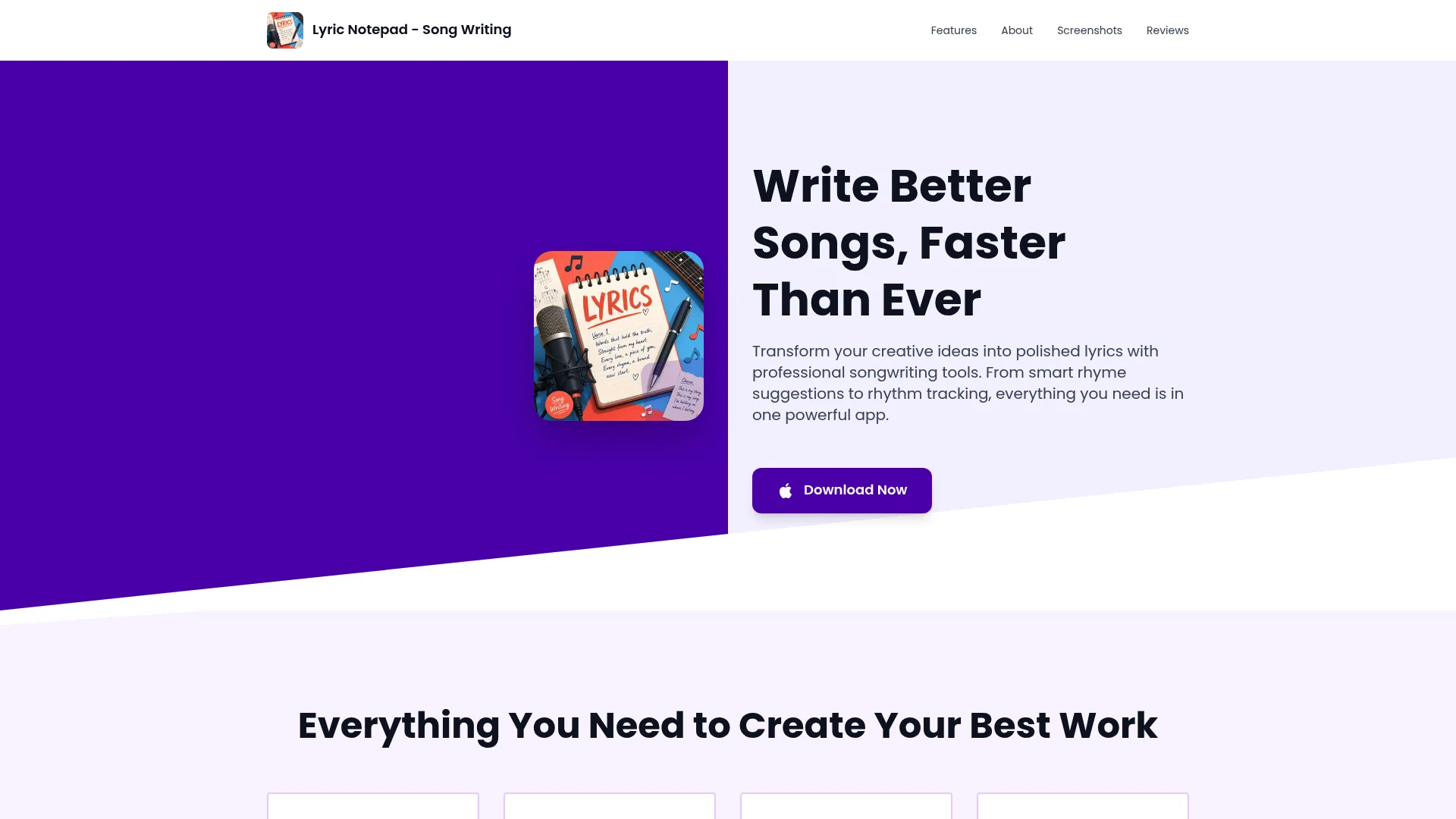 Lyric Notepad songwriting app homepage