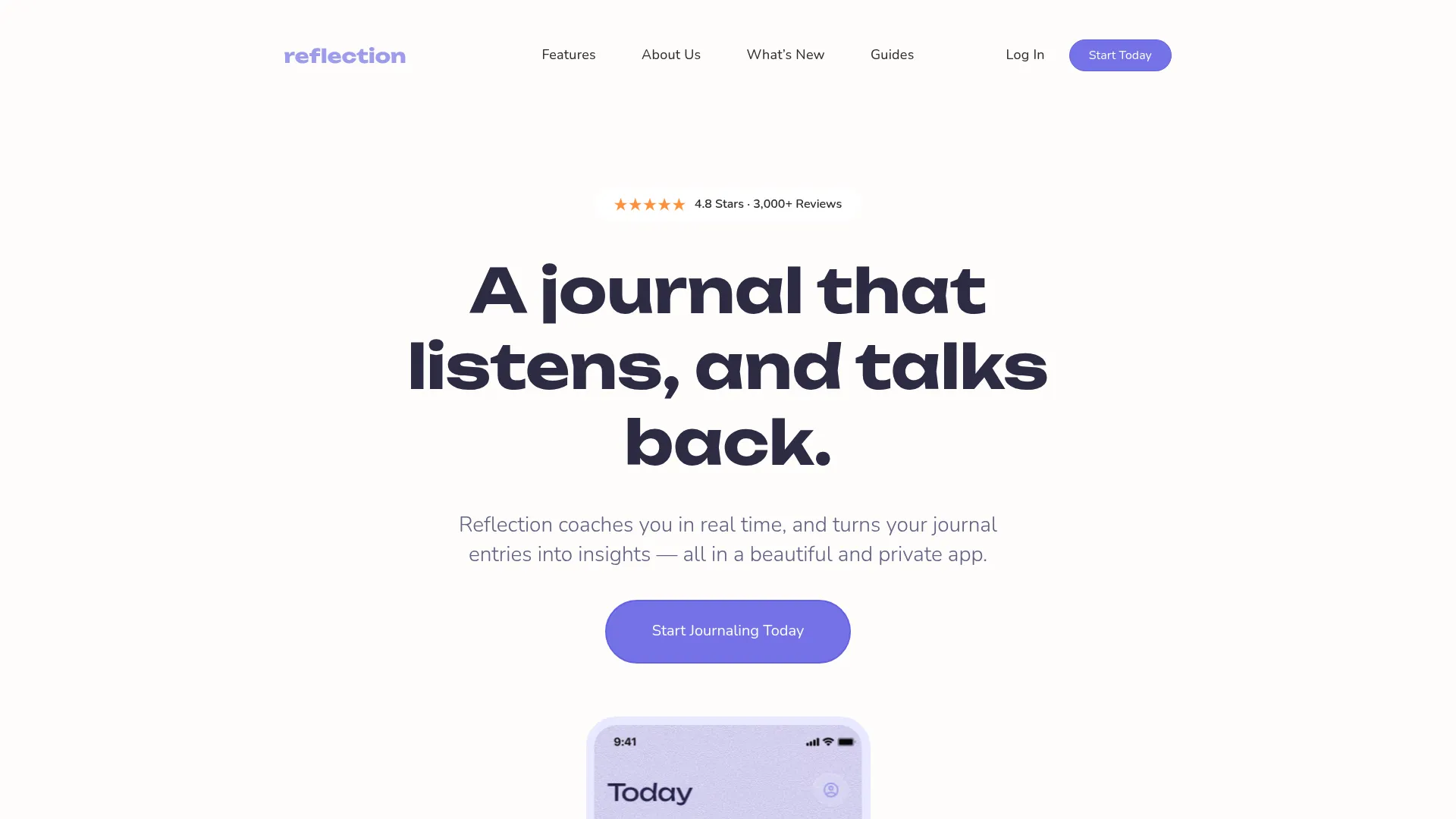 Reflection journaling app homepage