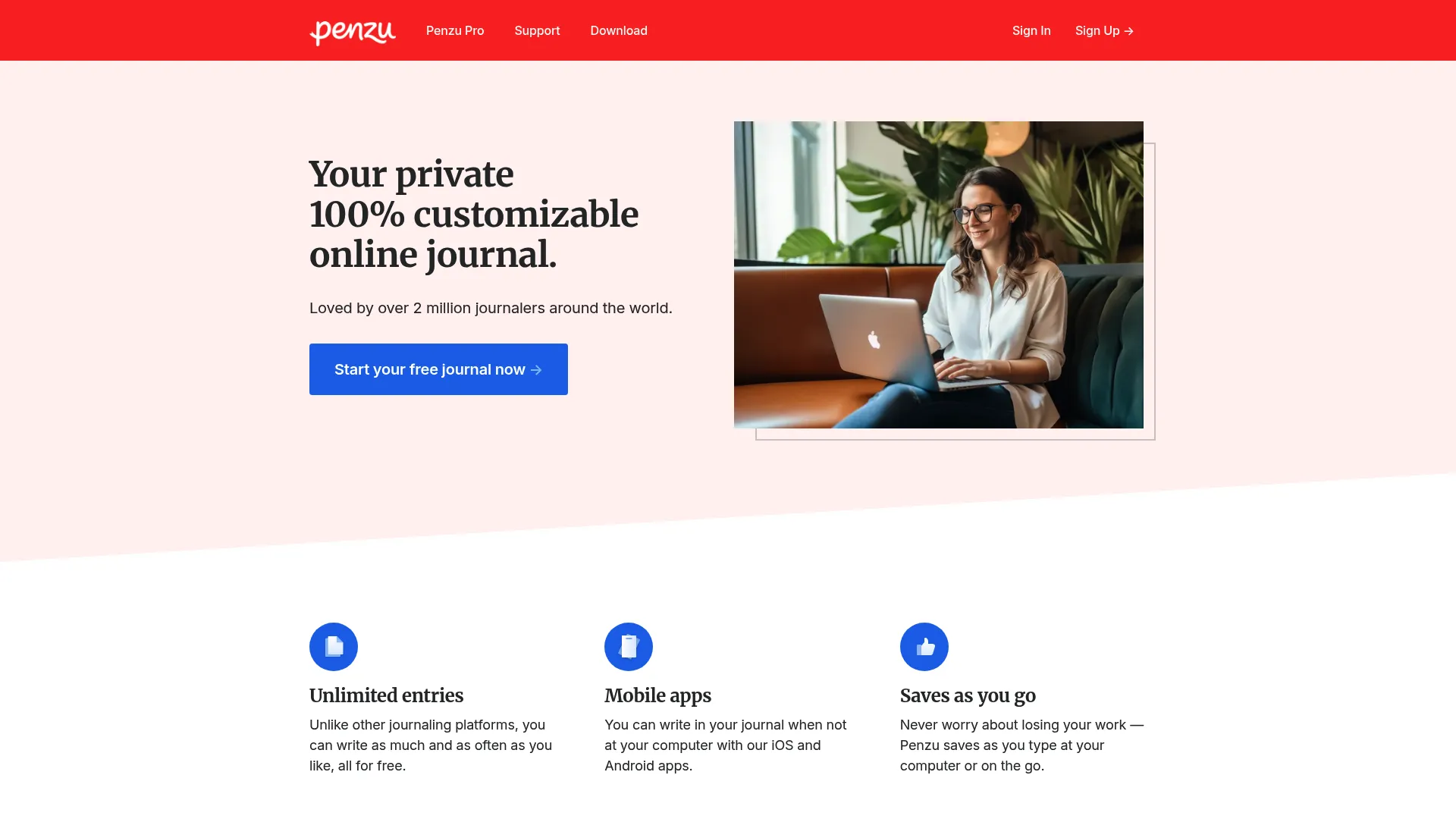 Penzu journaling app homepage