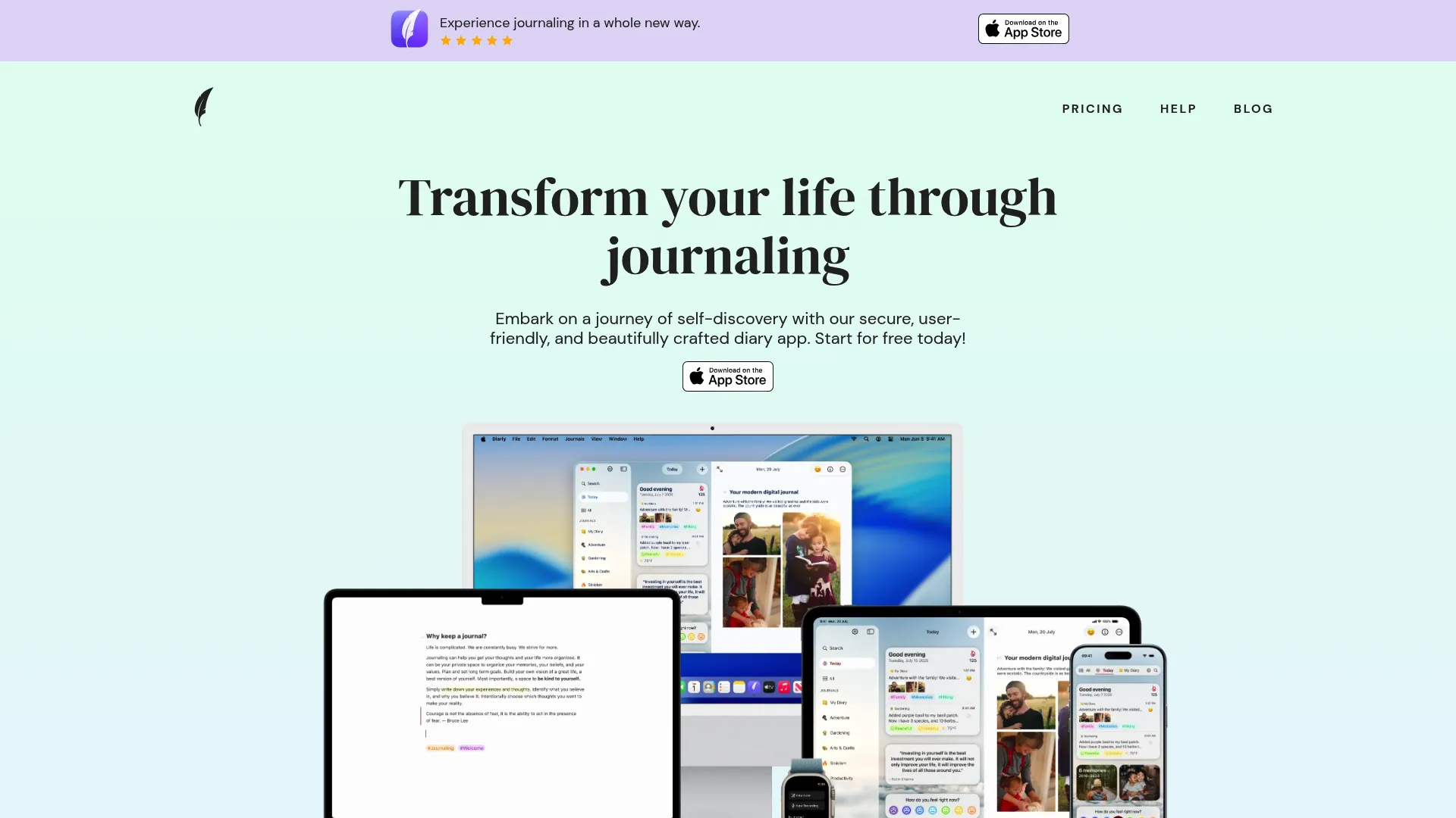 Diarly journaling app homepage